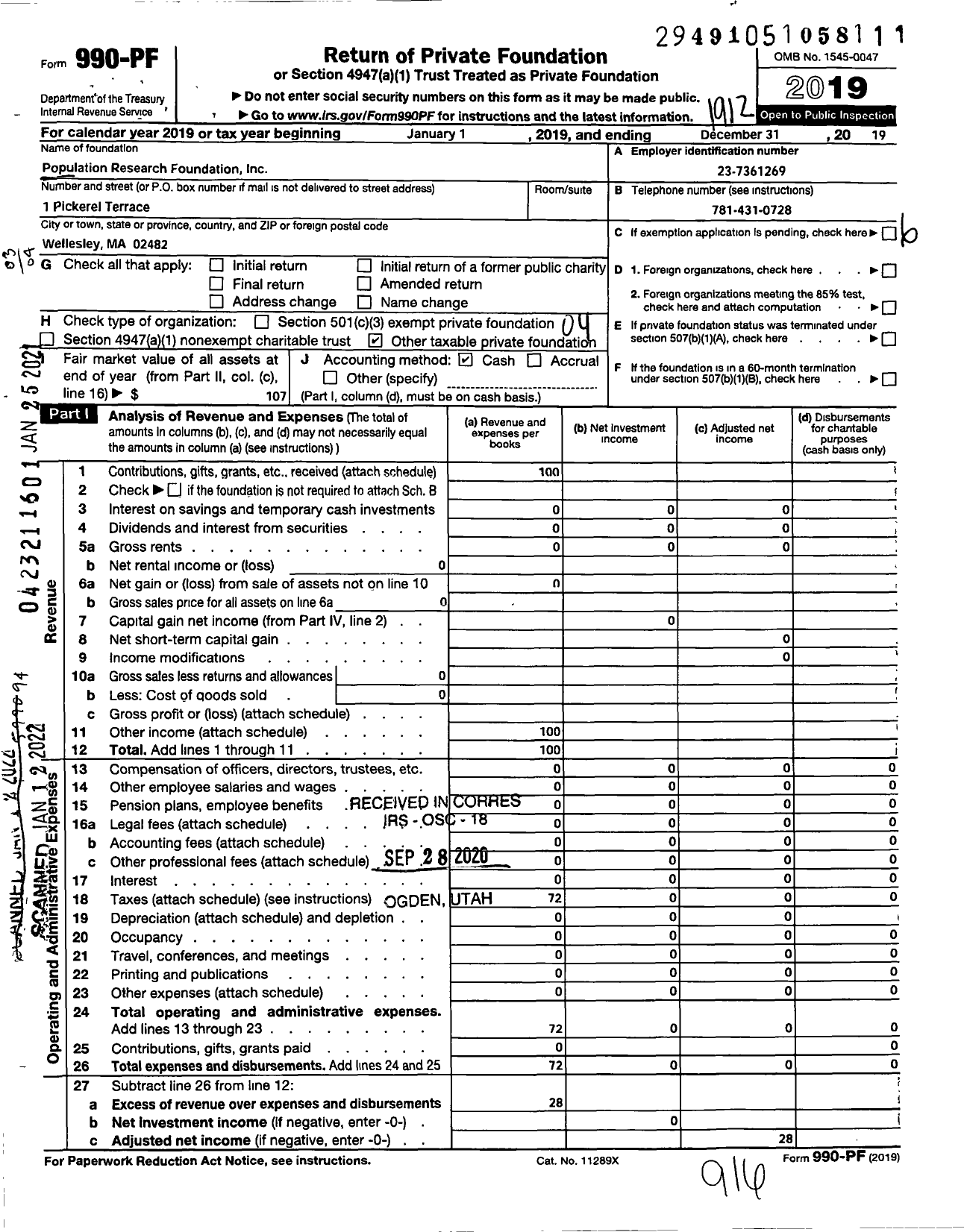 Image of first page of 2019 Form 990PF for Population Research Foundation