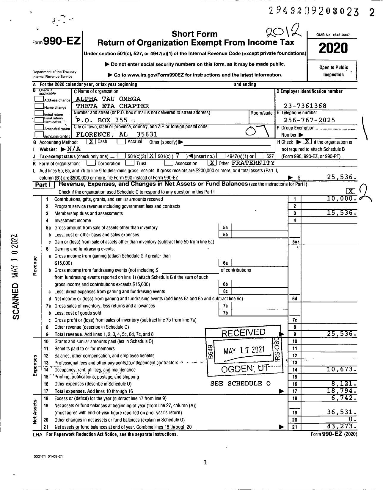 Image of first page of 2020 Form 990EO for Alpha Tau Omega - Theta Eta Chapter N Alabama