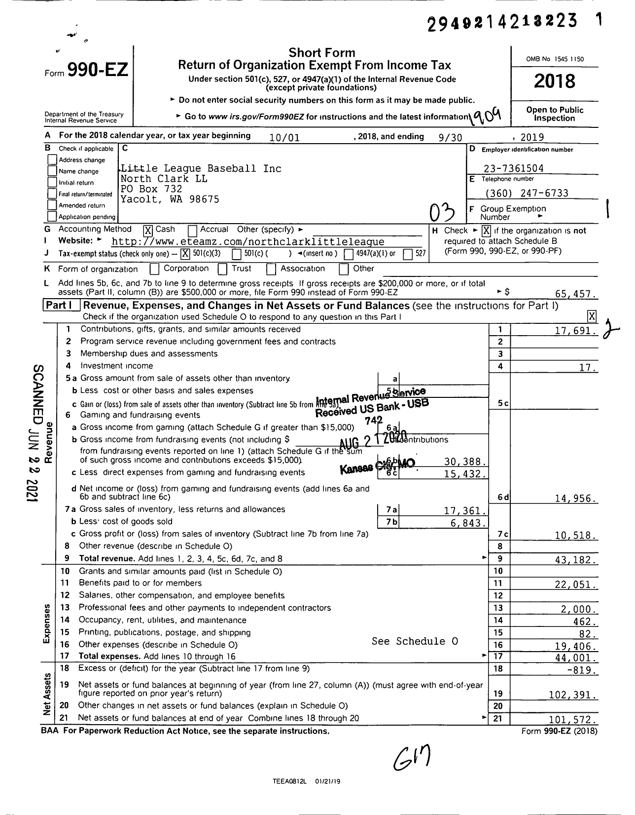 Image of first page of 2018 Form 990EZ for Little League Baseball - 4470417 North Clark LL