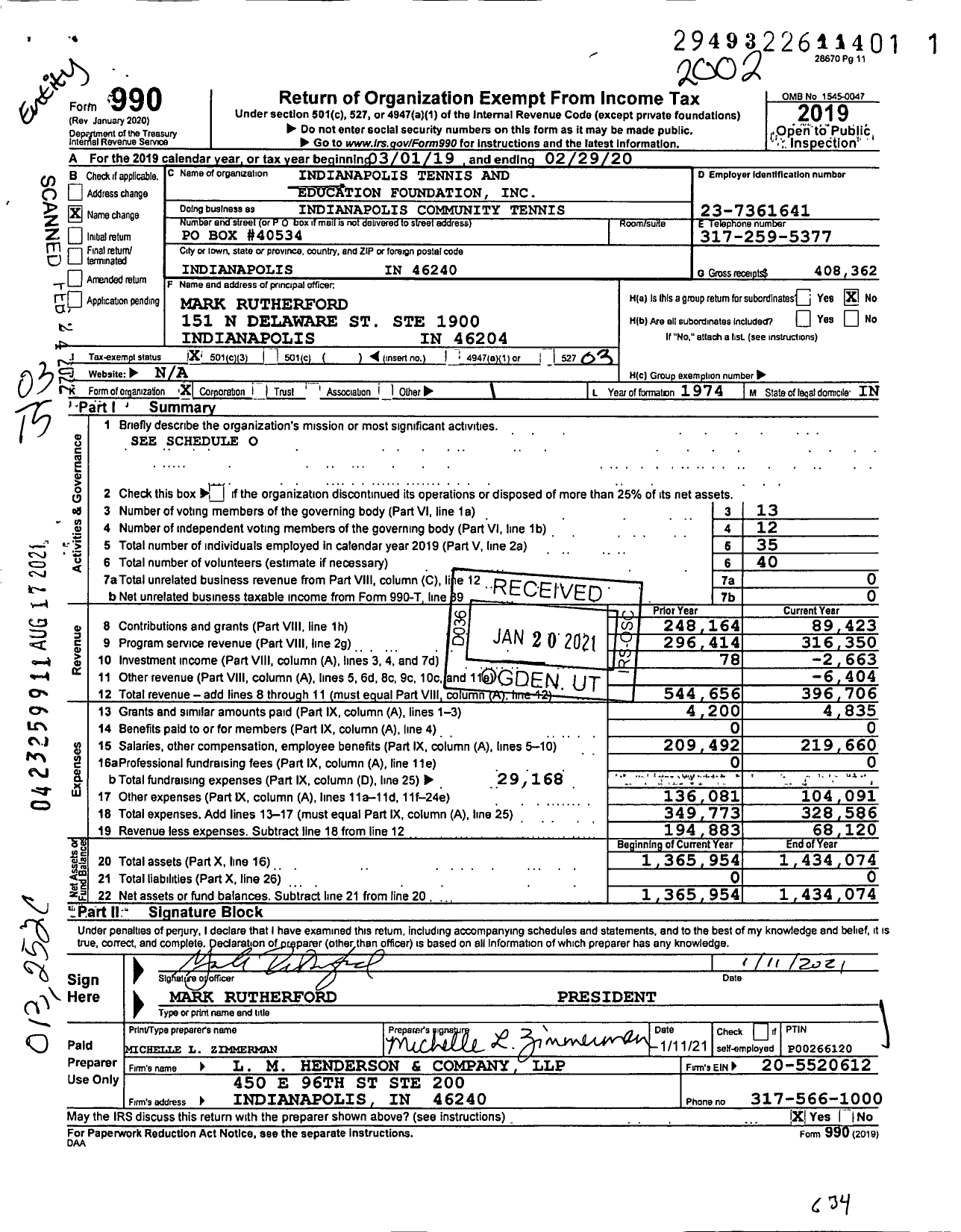 Image of first page of 2019 Form 990 for Indianapolis Community Tennis