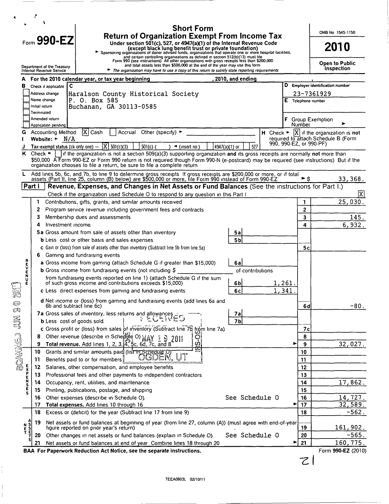 Image of first page of 2010 Form 990EZ for Haralson County Historical Society