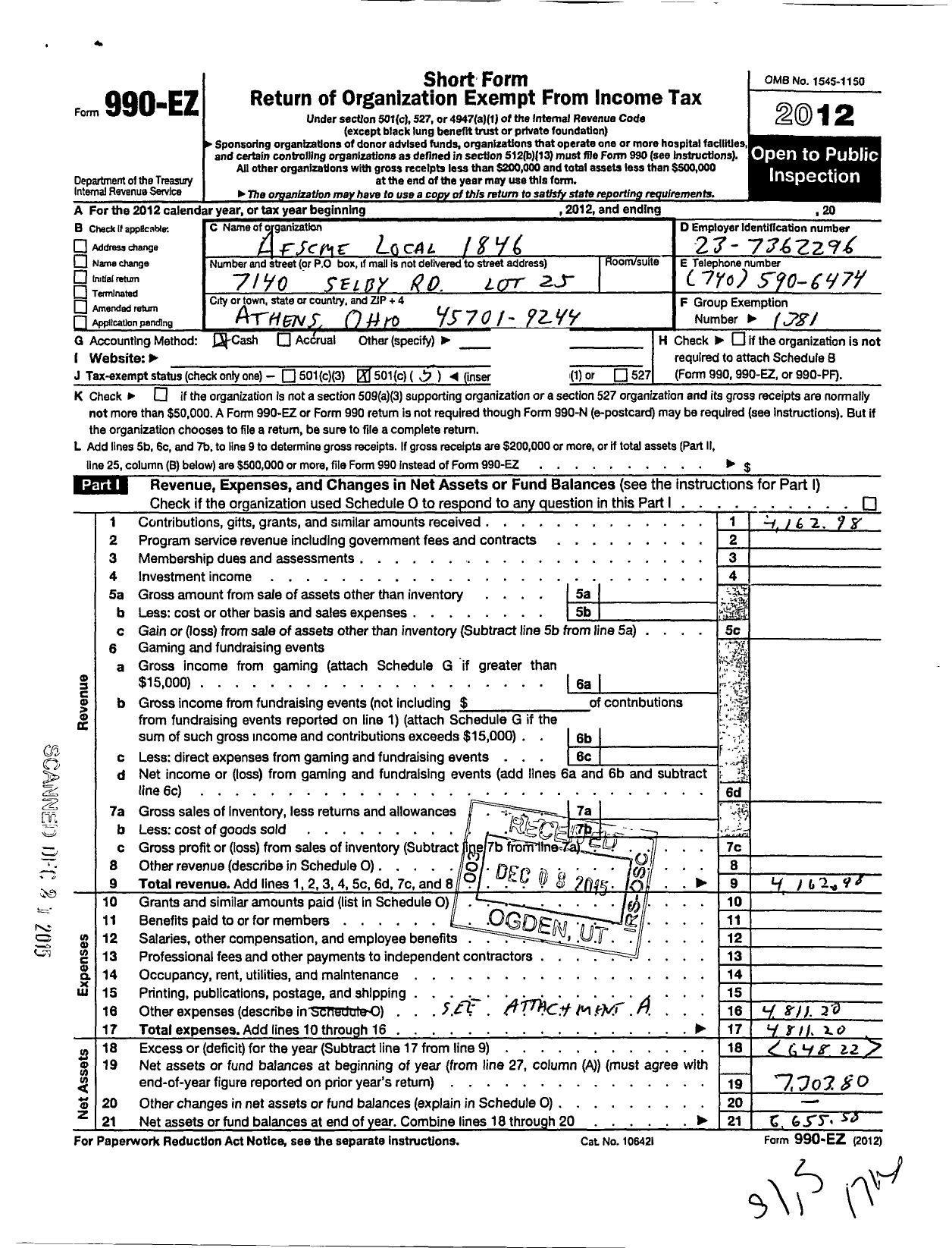 Image of first page of 2012 Form 990EO for American Federation of State County and Municipal Employees