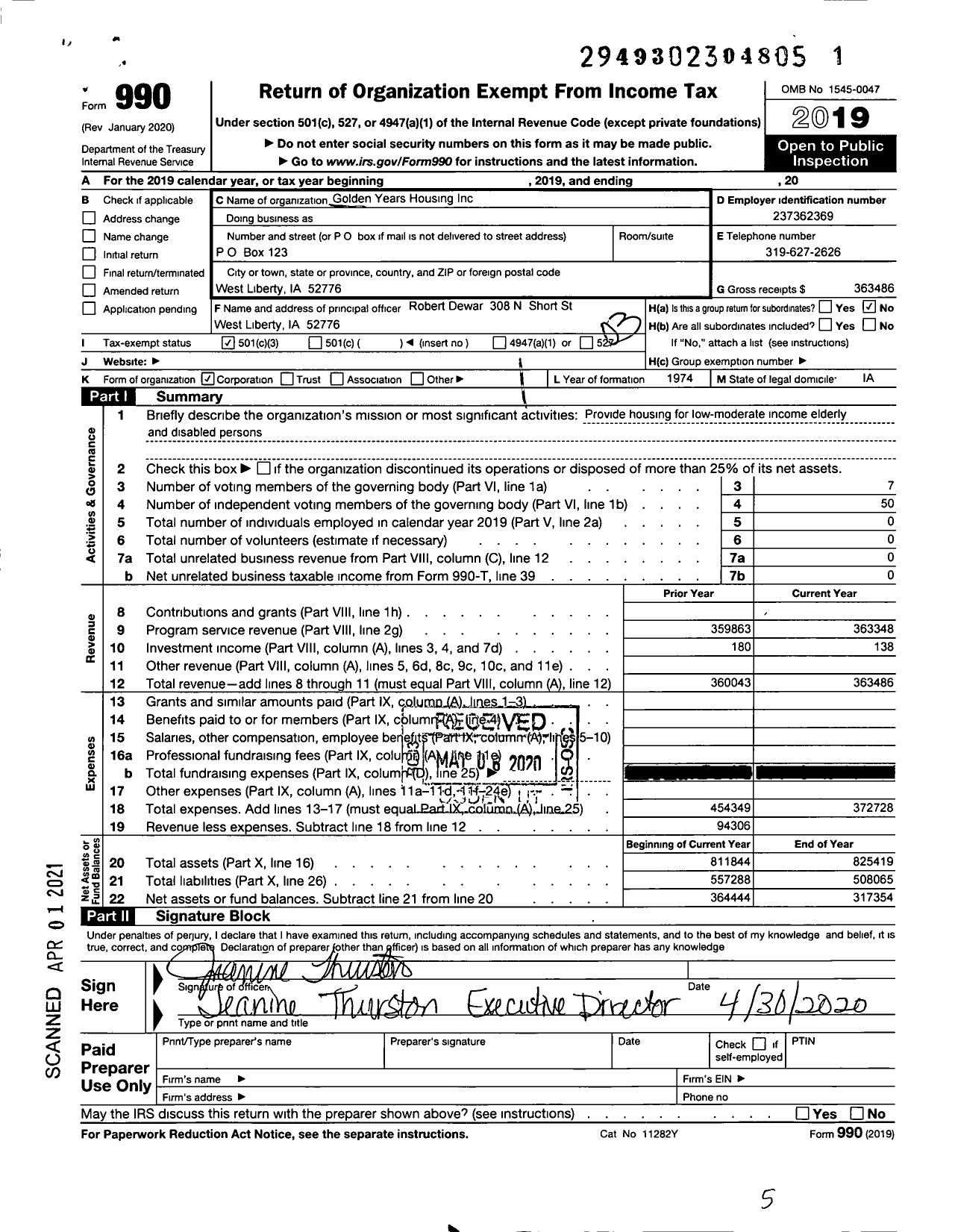 Image of first page of 2019 Form 990 for Golden Years Housing