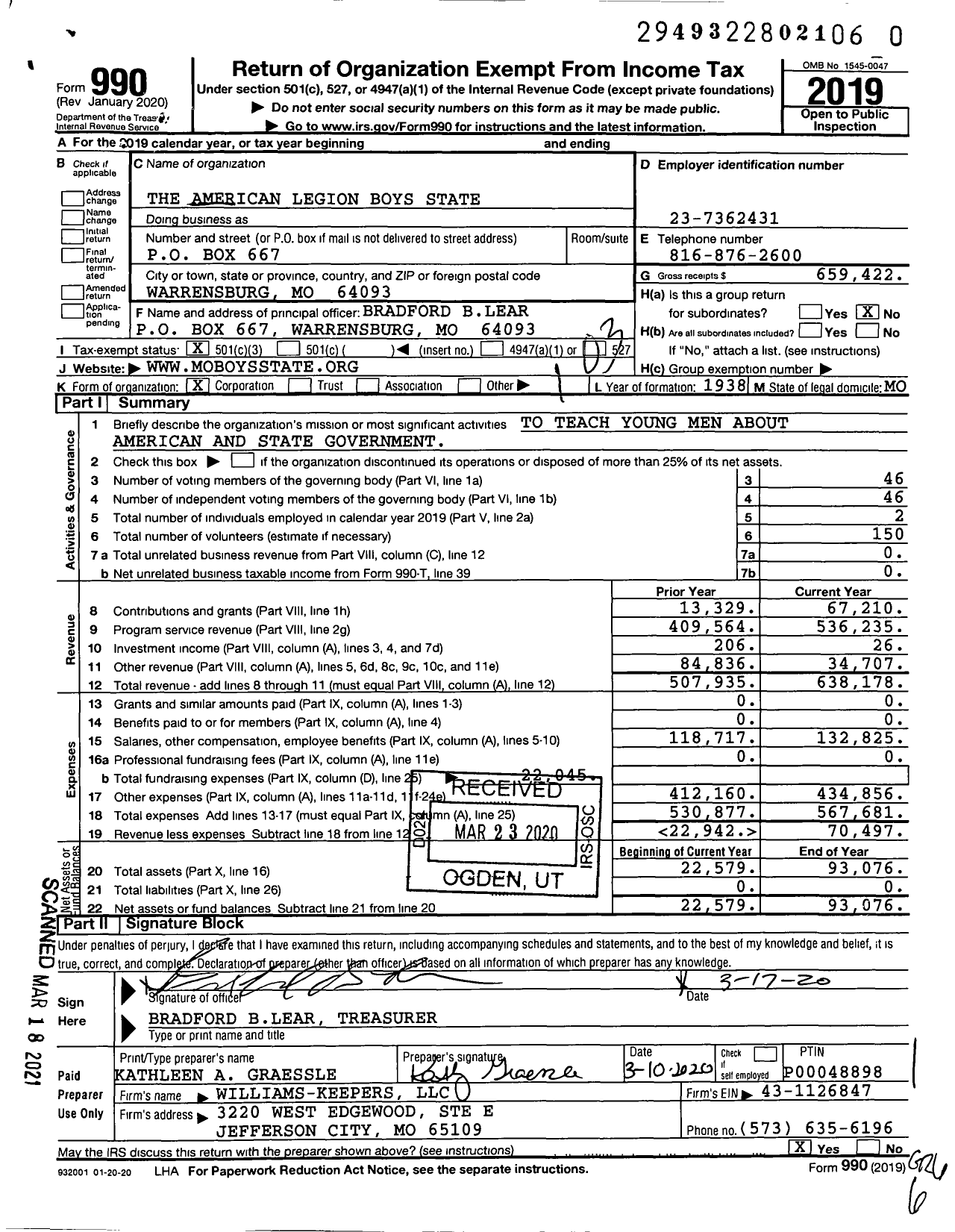 Image of first page of 2019 Form 990 for The American Legion Boys State