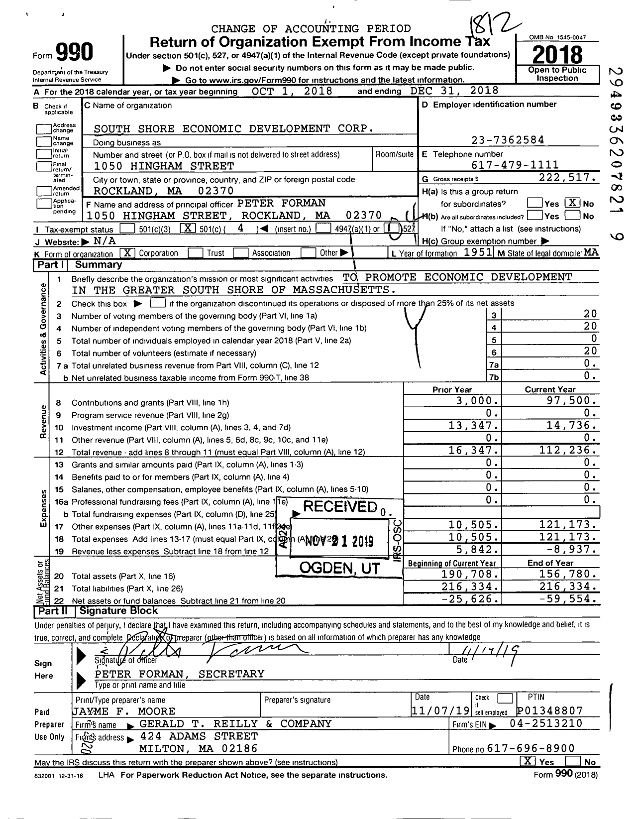 Image of first page of 2018 Form 990O for South Shore Economic Development Corporation