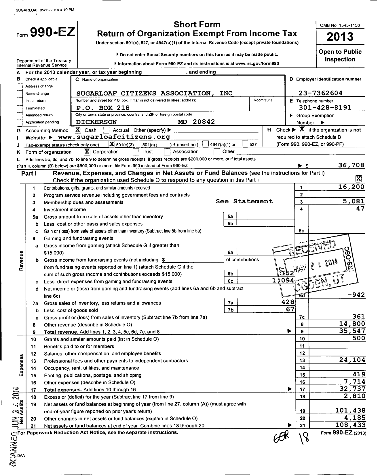 Image of first page of 2013 Form 990EZ for Sugarloaf Citizens Association