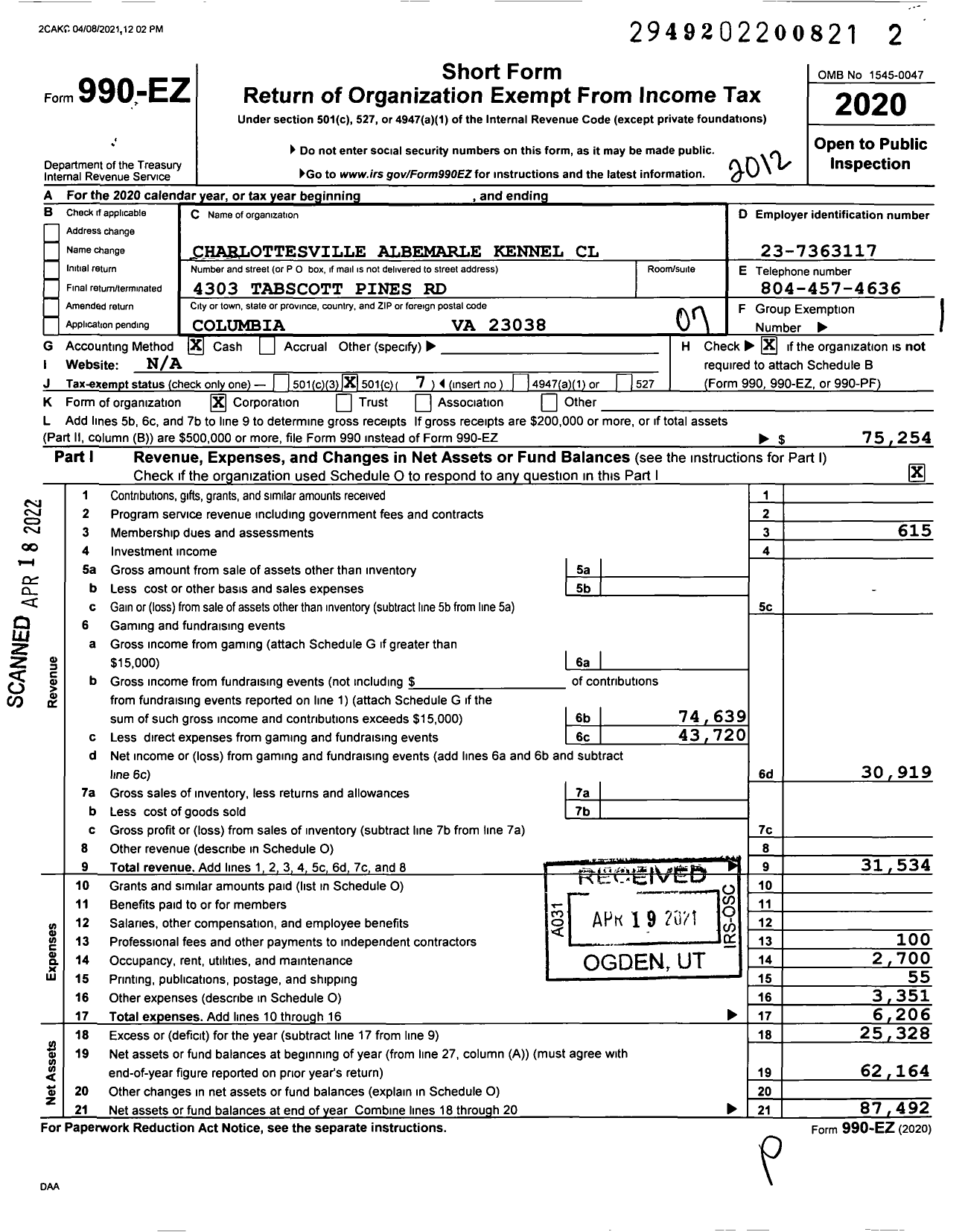 Image of first page of 2020 Form 990EO for Charlottesville Albemarle Kennel Club