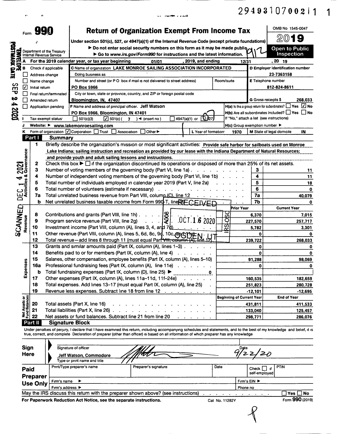 Image of first page of 2019 Form 990O for Lake Monroe Sailing Association Incorporated