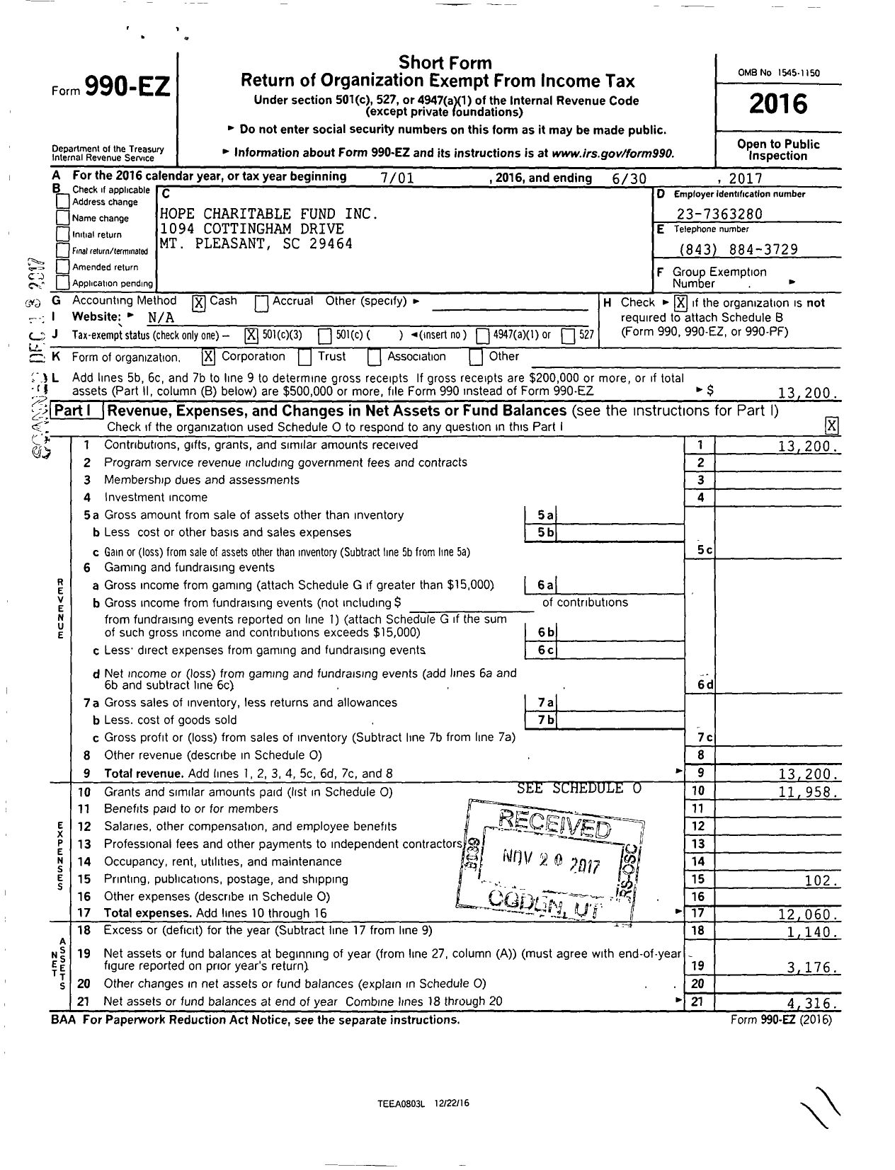 Image of first page of 2016 Form 990EZ for Hope Charitable Fund