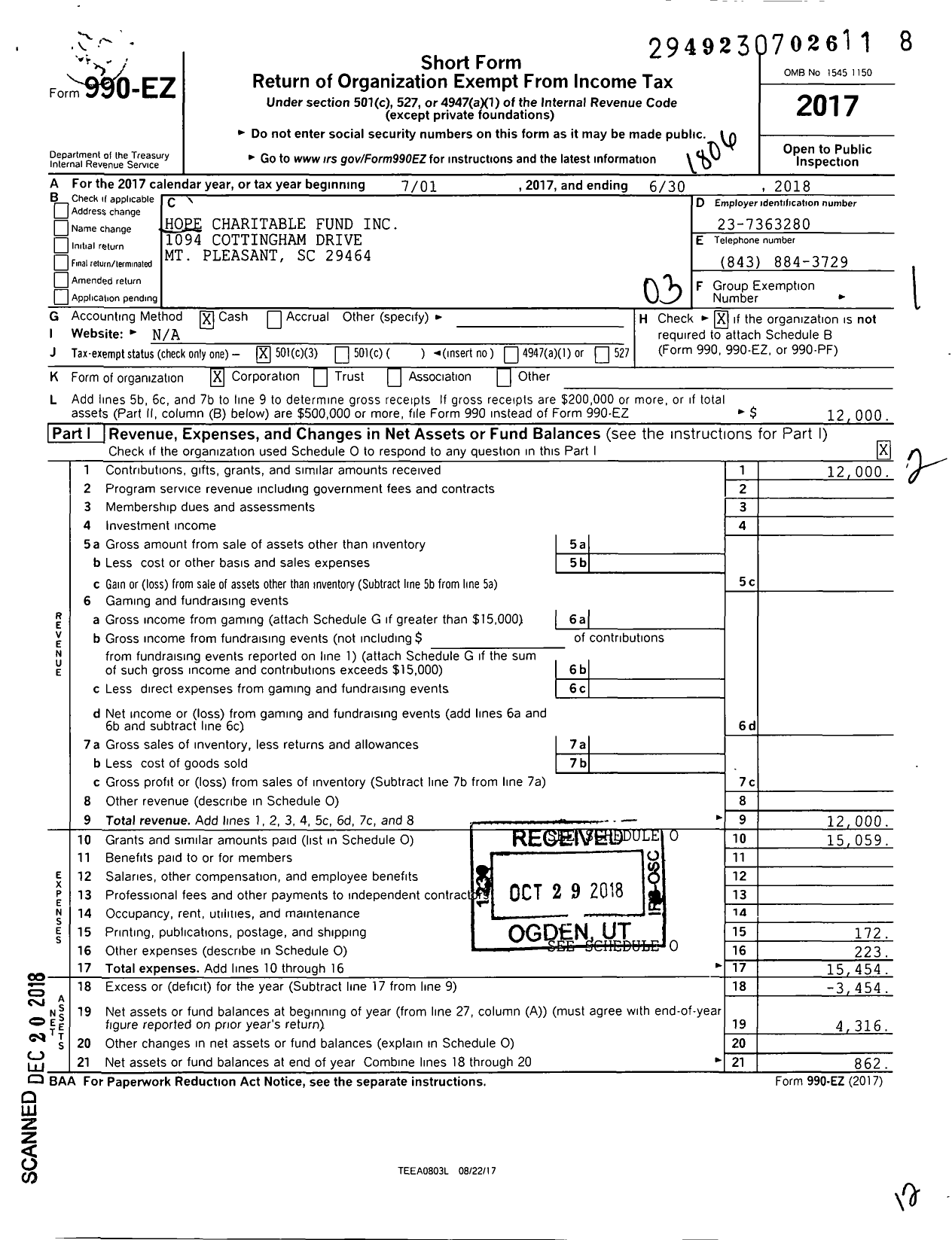 Image of first page of 2017 Form 990EZ for Hope Charitable Fund