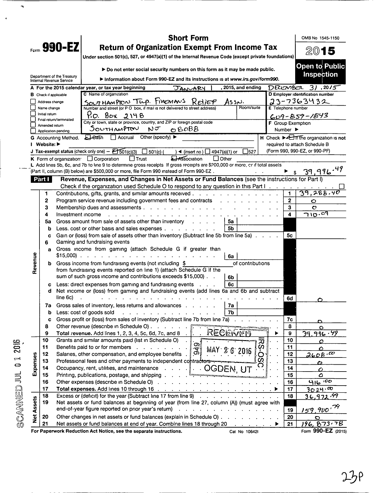 Image of first page of 2015 Form 990EZ for New Jersey State Firemen's Association - Southampton TWSP