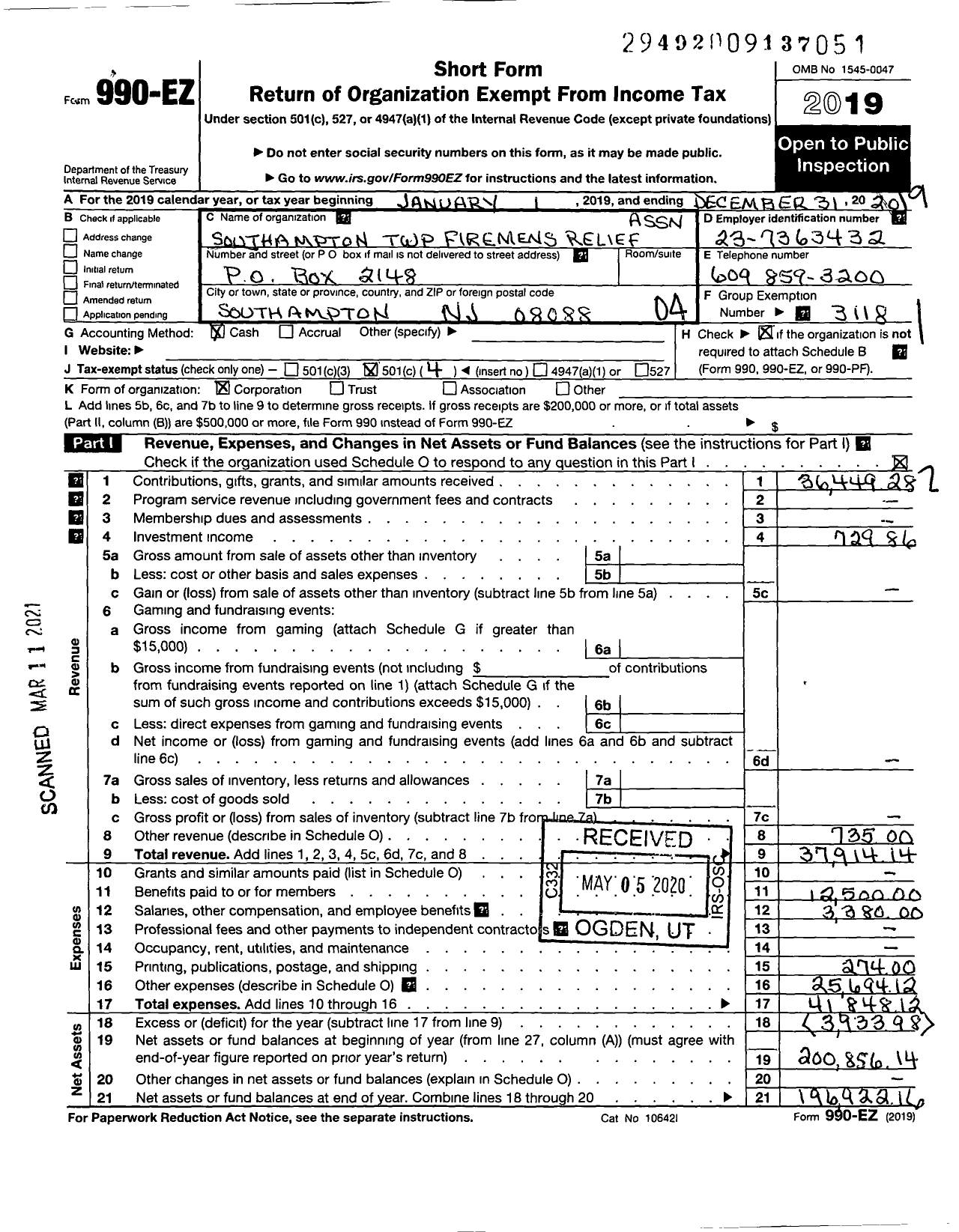 Image of first page of 2019 Form 990EO for New Jersey State Firemen's Association - Southampton TWSP