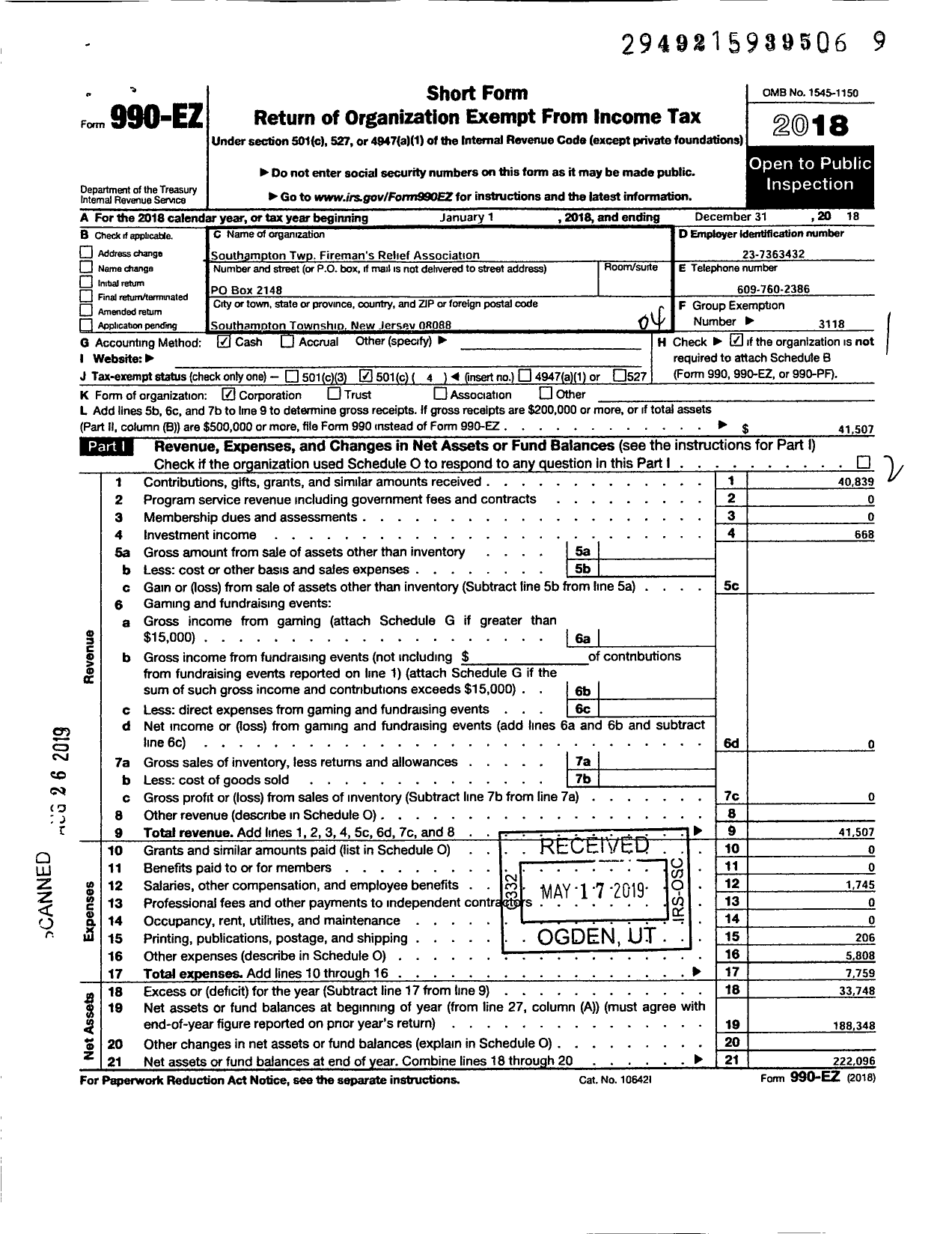 Image of first page of 2018 Form 990EO for New Jersey State Firemen's Association - Southampton TWSP