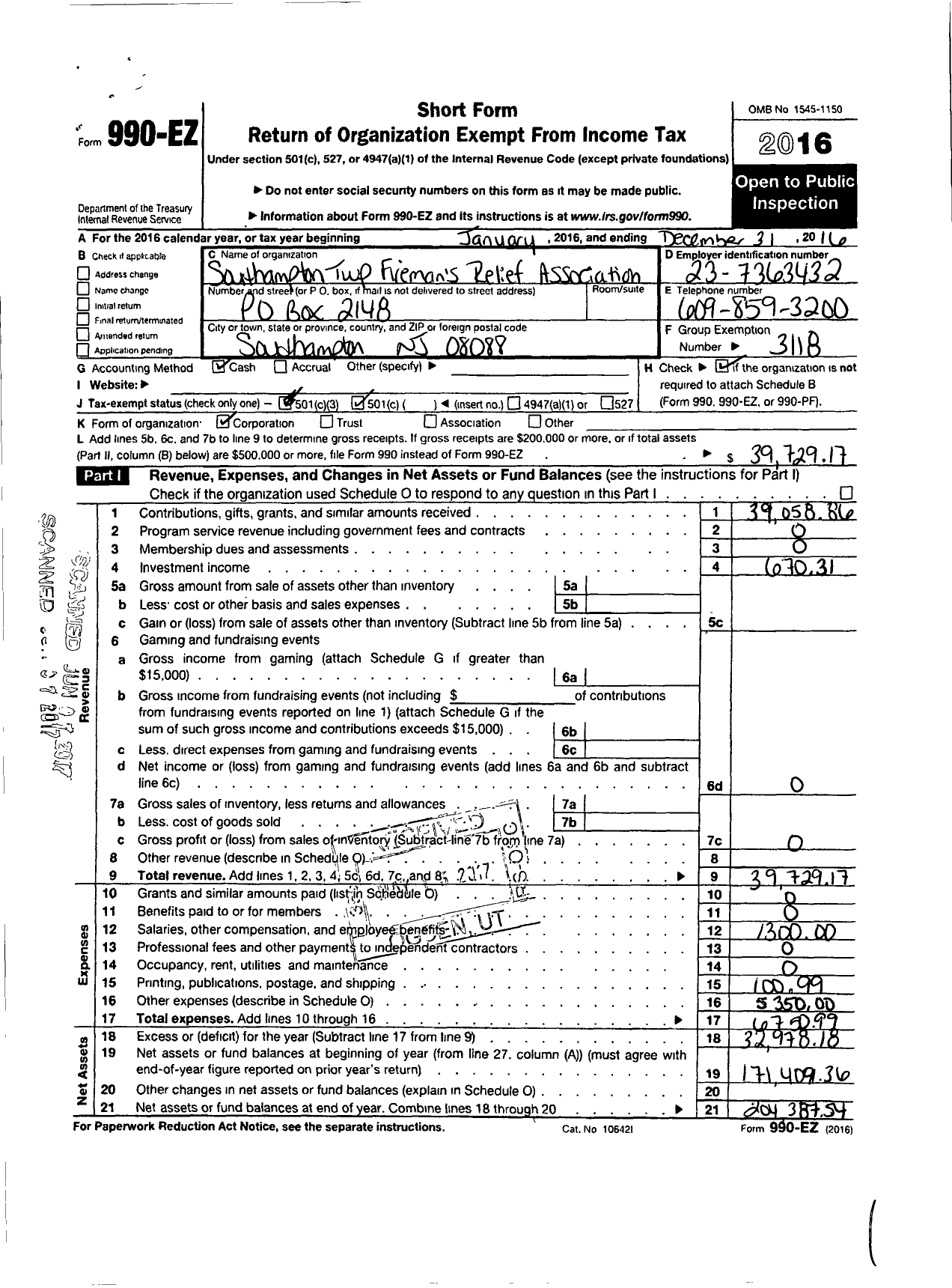 Image of first page of 2016 Form 990EO for New Jersey State Firemen's Association - Southampton TWSP