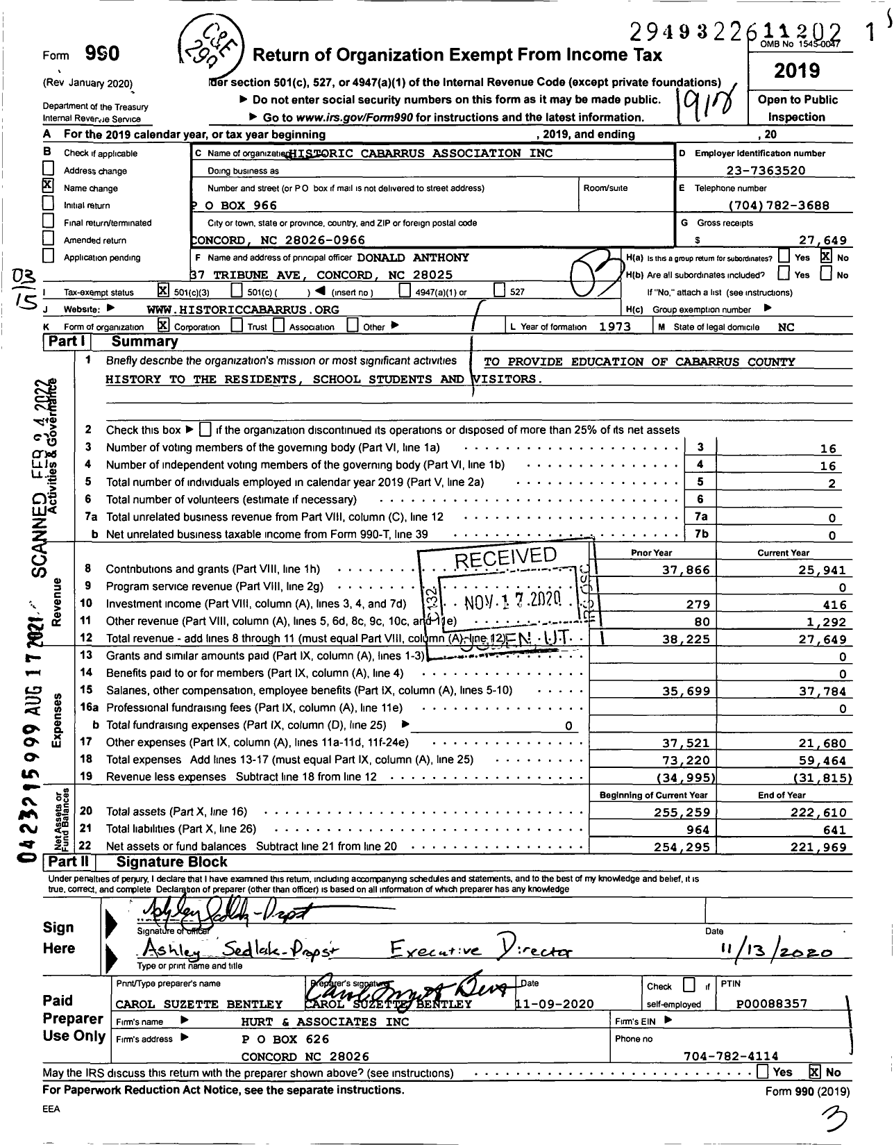 Image of first page of 2019 Form 990 for Historic Cabarrus Association