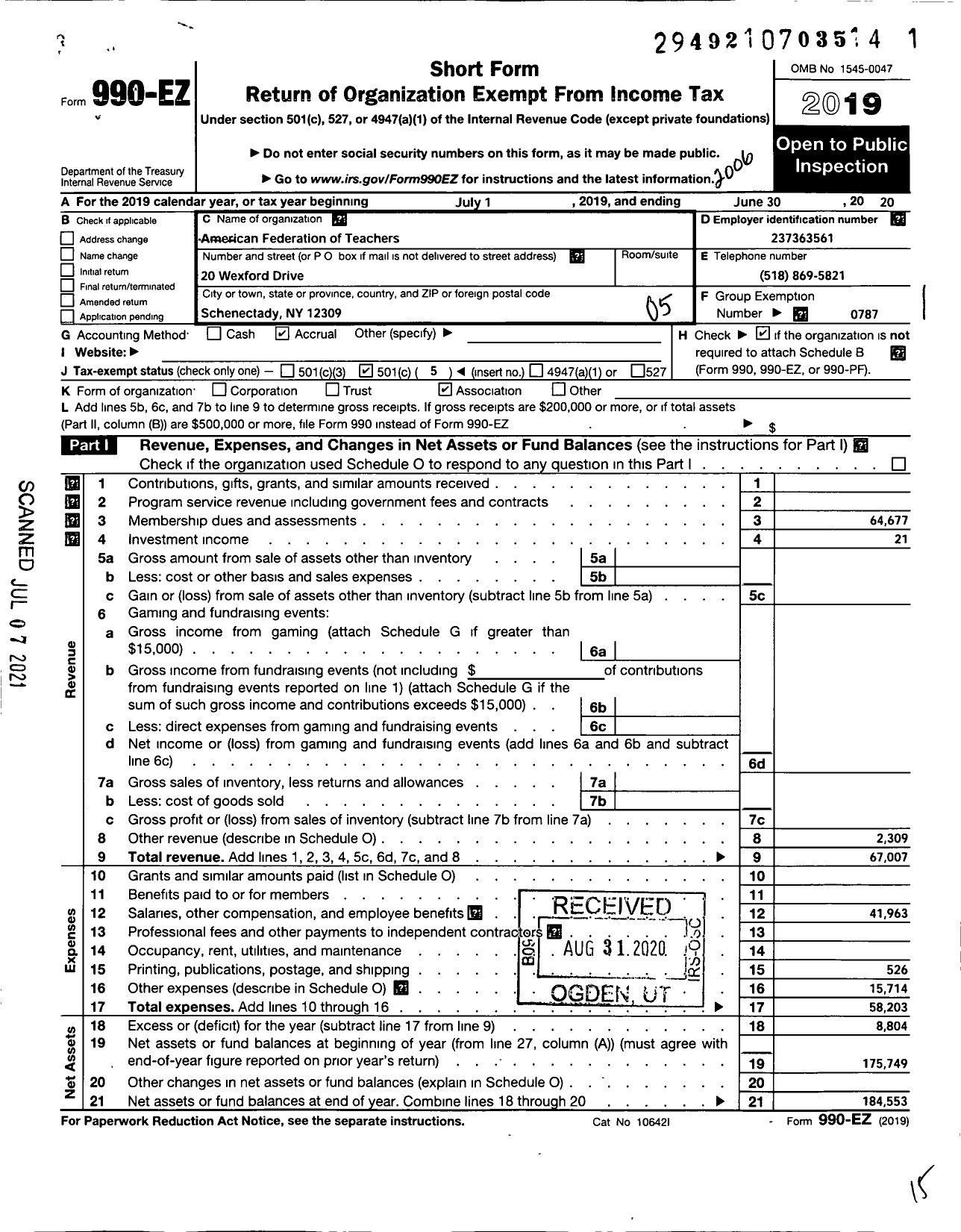 Image of first page of 2019 Form 990EO for American Federation of Teachers - 2485 Ballston Spa Education Assn