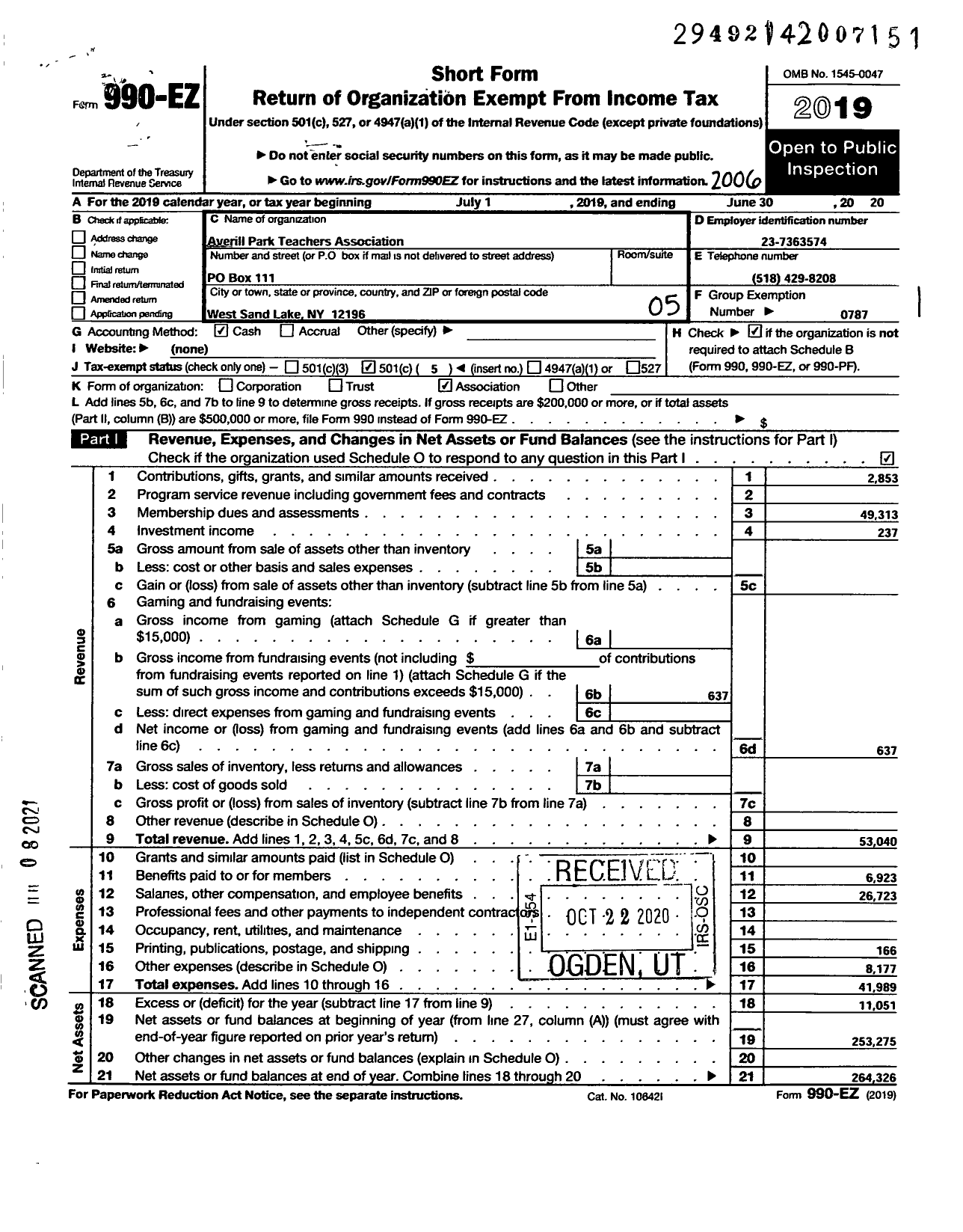 Image of first page of 2019 Form 990EO for American Federation of Teachers - 2478 Averill Park Teachers Associat