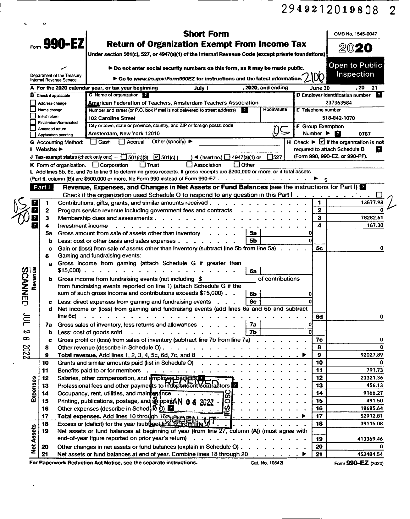 Image of first page of 2020 Form 990EO for American Federation of Teachers - 1150 Amsterdam Teachers Association