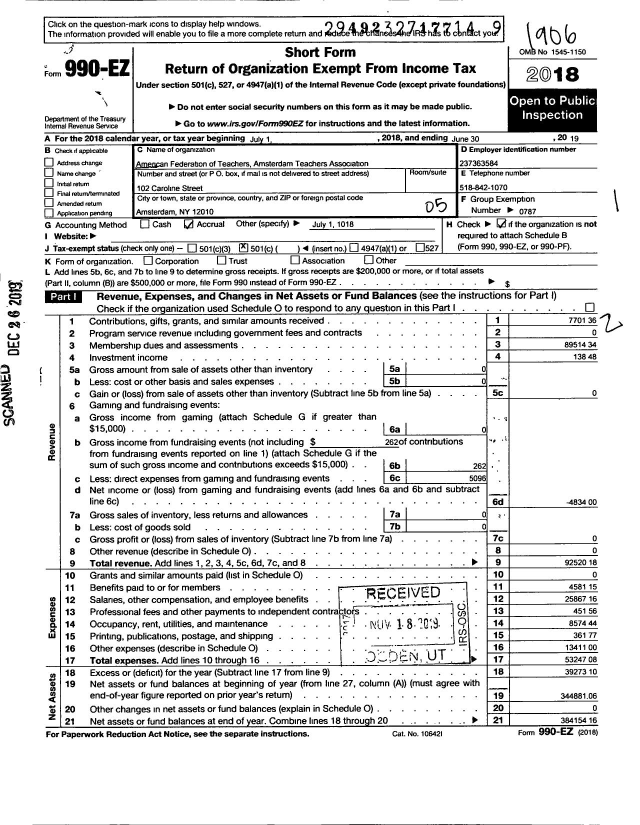 Image of first page of 2018 Form 990EO for American Federation of Teachers - 1150 Amsterdam Teachers Association