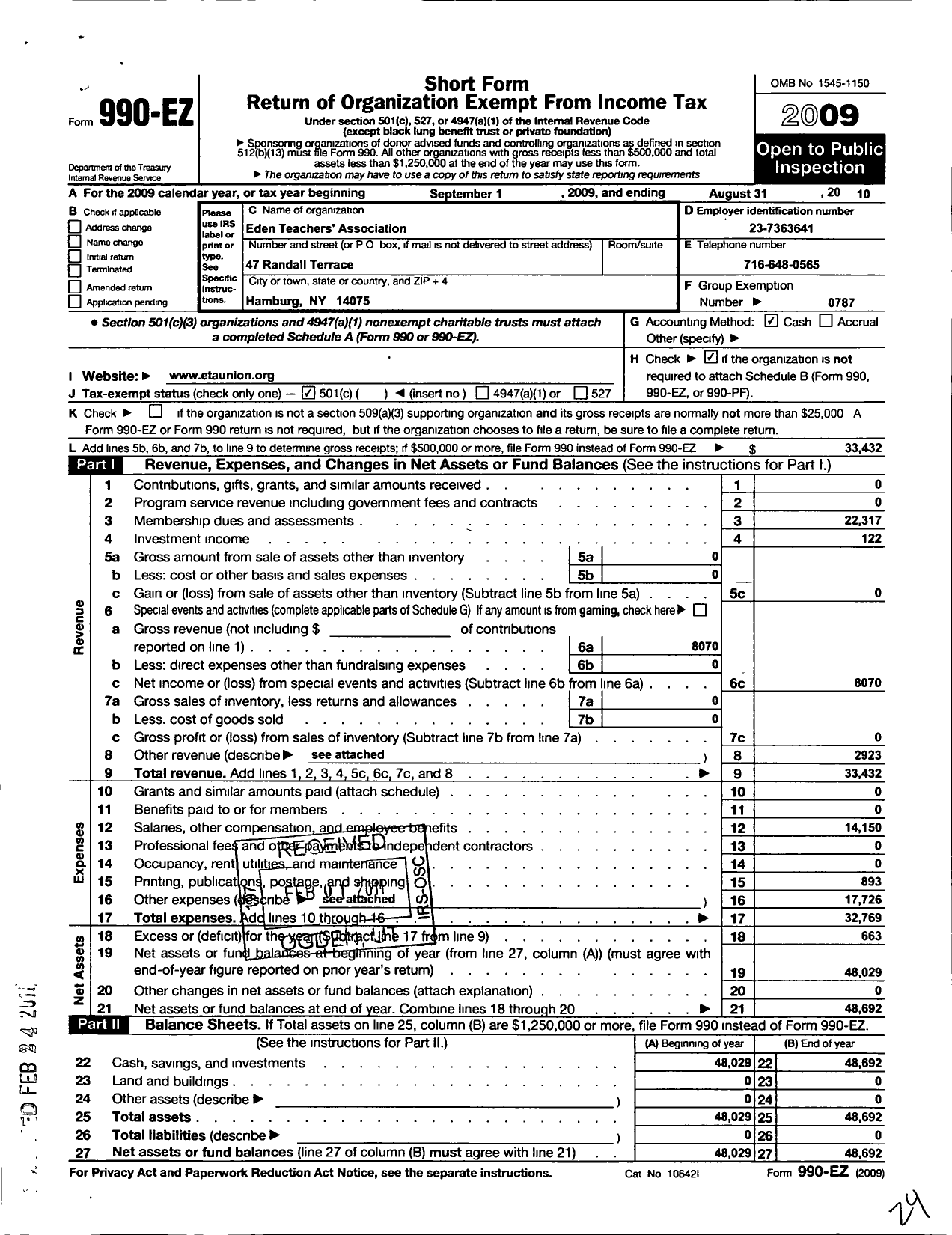 Image of first page of 2009 Form 990EO for American Federation of Teachers - 2627 Eden Teachers Assoc