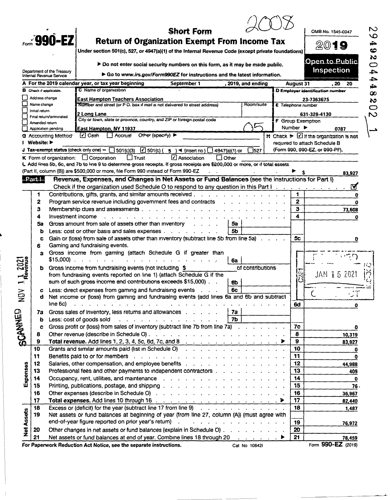 Image of first page of 2019 Form 990EO for American Federation of Teachers - 2616 East Hampton Teachers Associat