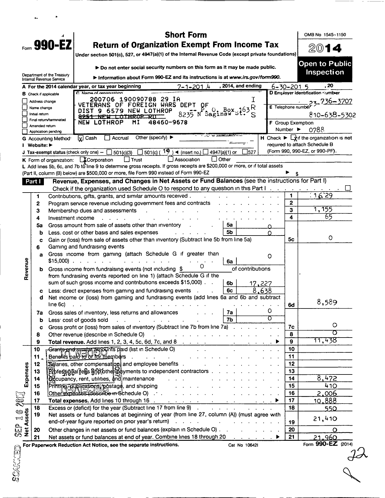 Image of first page of 2014 Form 990EO for VFW Department of Michigan - Dist 9 6579 New Lothrop