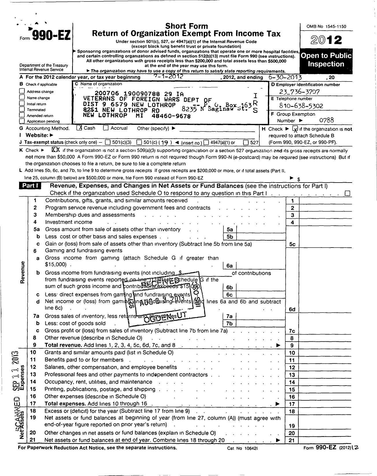 Image of first page of 2012 Form 990EO for VFW Department of Michigan - Dist 9 6579 New Lothrop