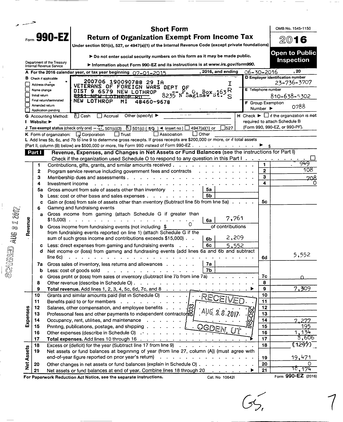 Image of first page of 2015 Form 990EO for VFW Department of Michigan - Dist 9 6579 New Lothrop