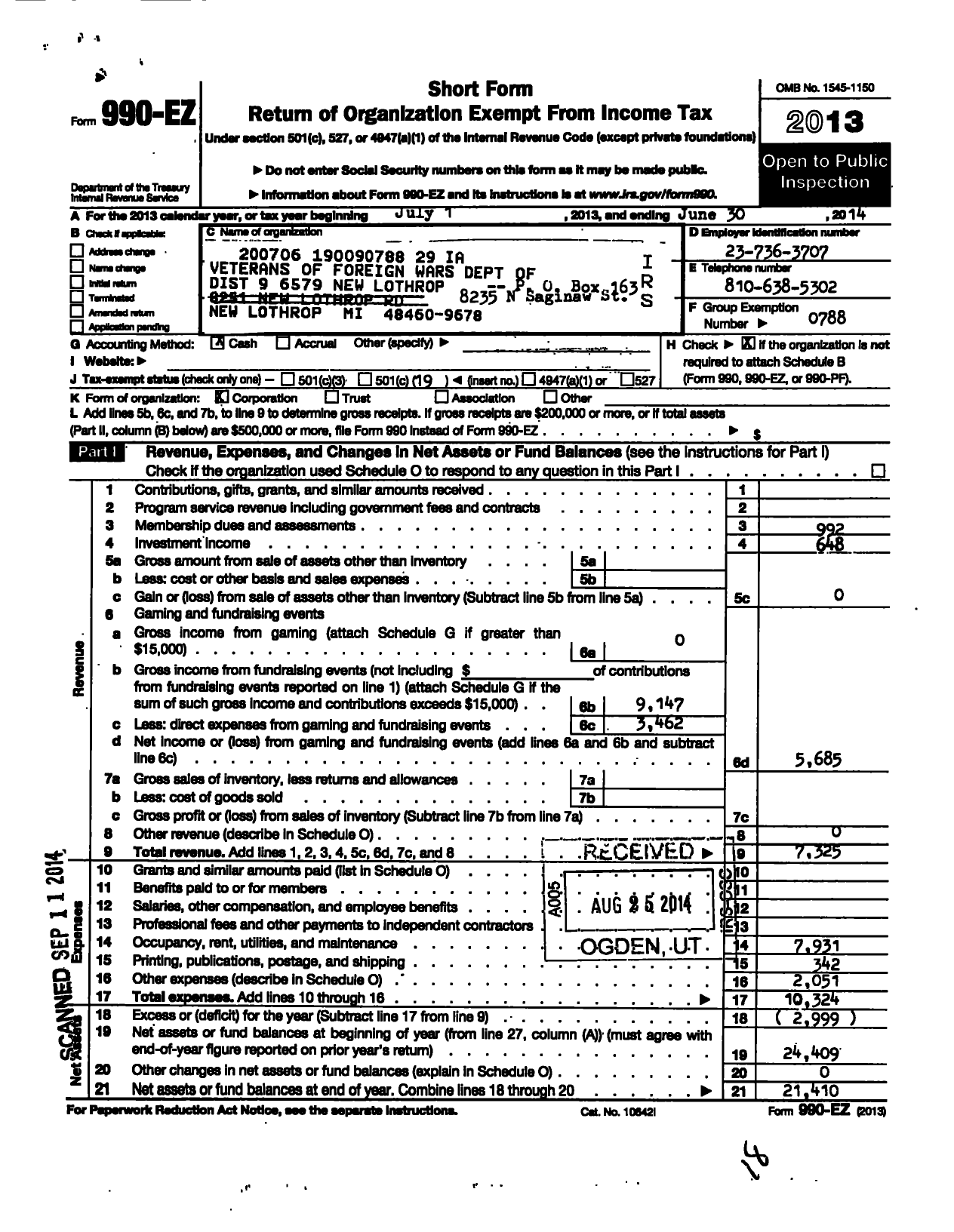 Image of first page of 2013 Form 990EO for VFW Department of Michigan - Dist 9 6579 New Lothrop