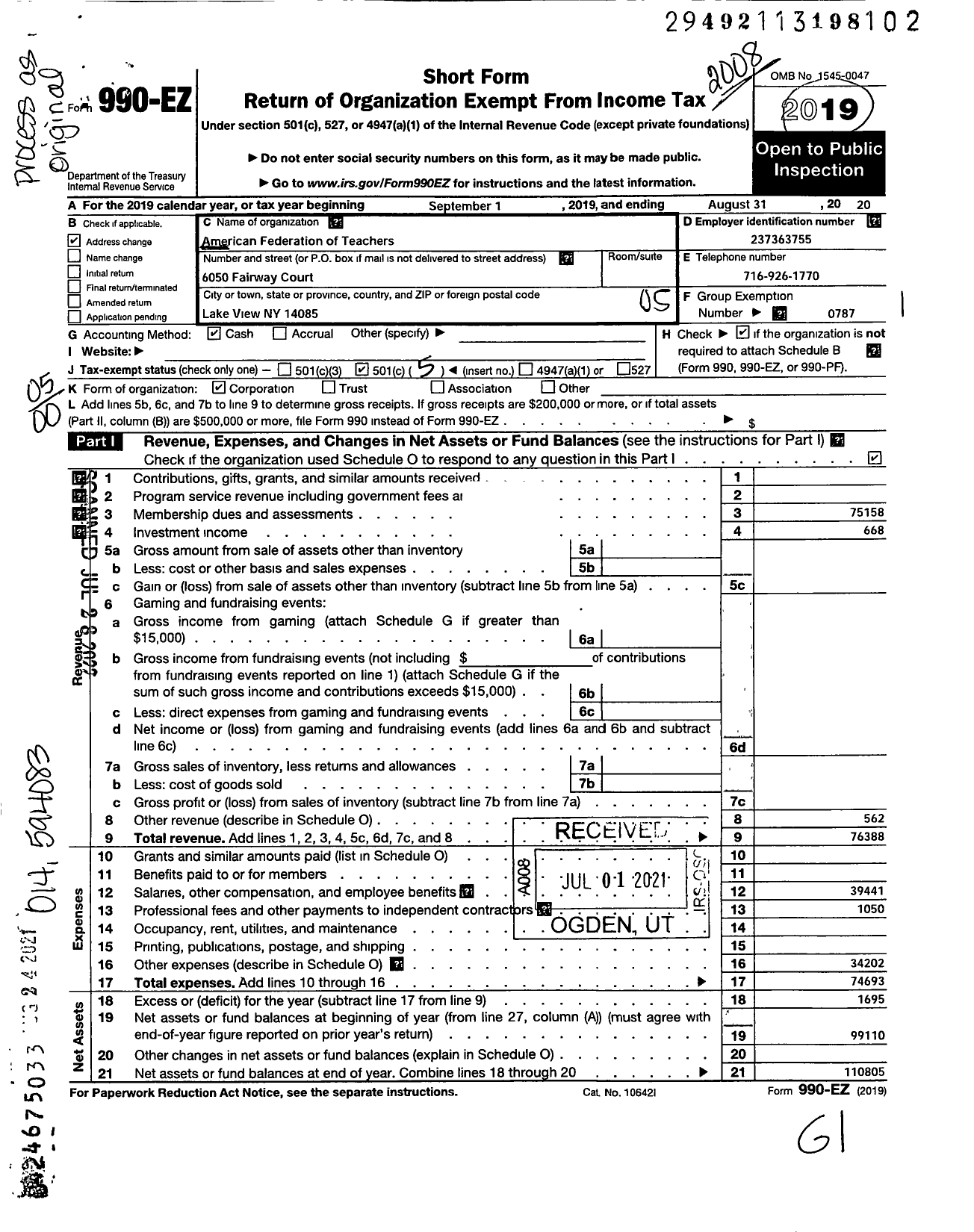 Image of first page of 2019 Form 990EO for American Federation of Teachers - 2663 Frontier Central Teachers Assn