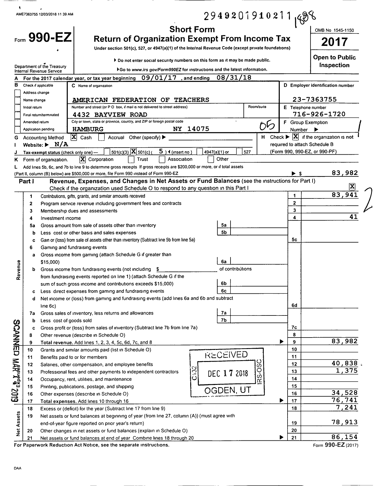 Image of first page of 2017 Form 990EO for American Federation of Teachers - 2663 Frontier Central Teachers Assn