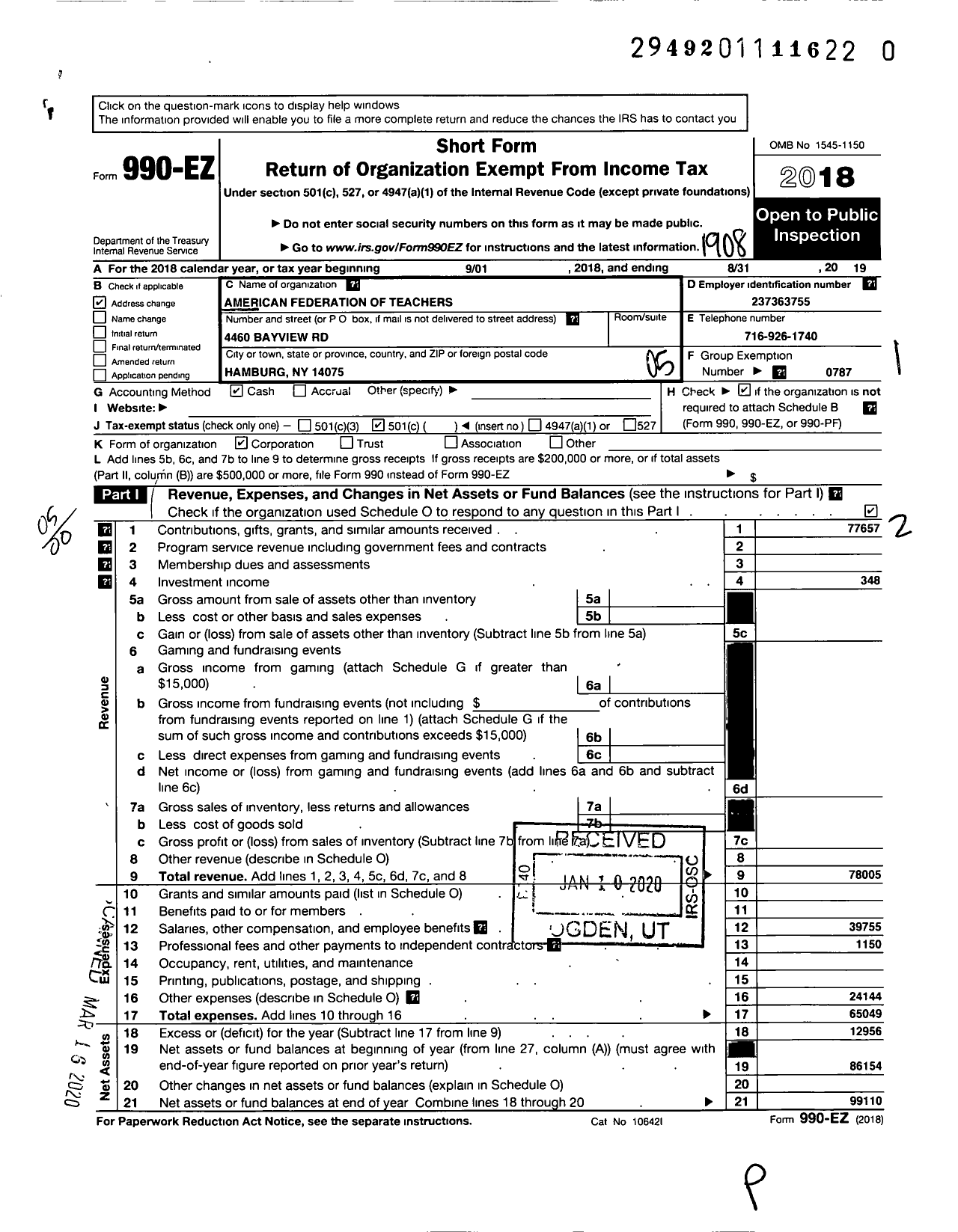 Image of first page of 2018 Form 990EO for American Federation of Teachers - 2663 Frontier Central Teachers Assn