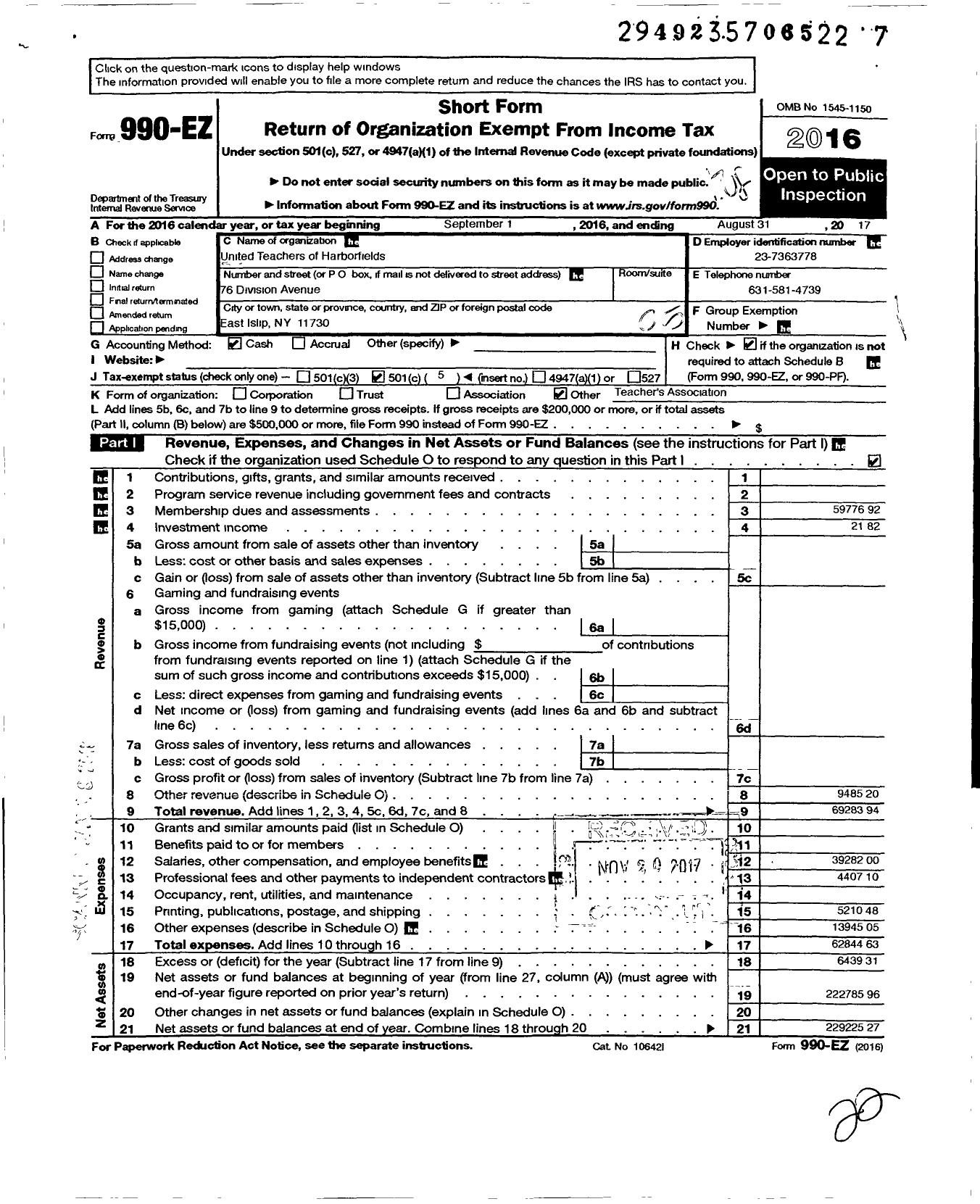 Image of first page of 2016 Form 990EO for American Federation of Teachers - 2711 Ut Harborfields