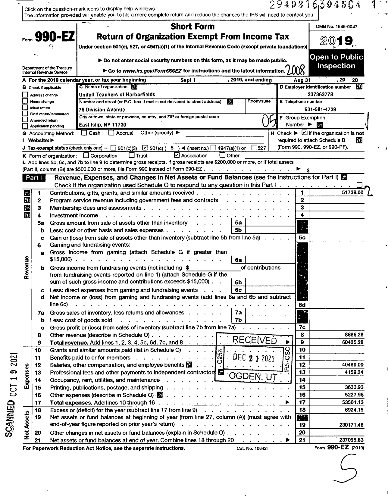 Image of first page of 2019 Form 990EO for American Federation of Teachers - 2711 Ut Harborfields