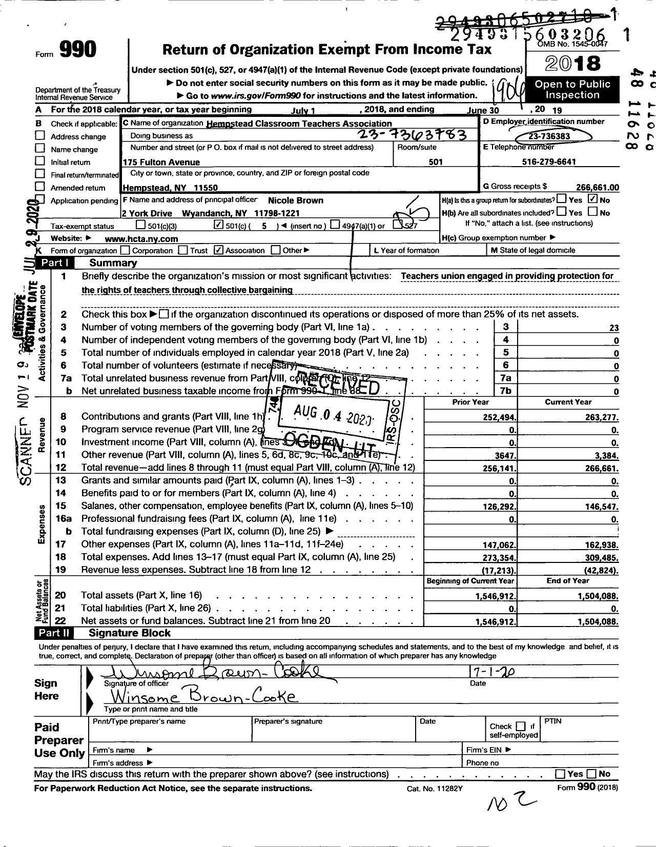 Image of first page of 2018 Form 990O for Hempstead Classroom Teachers Association