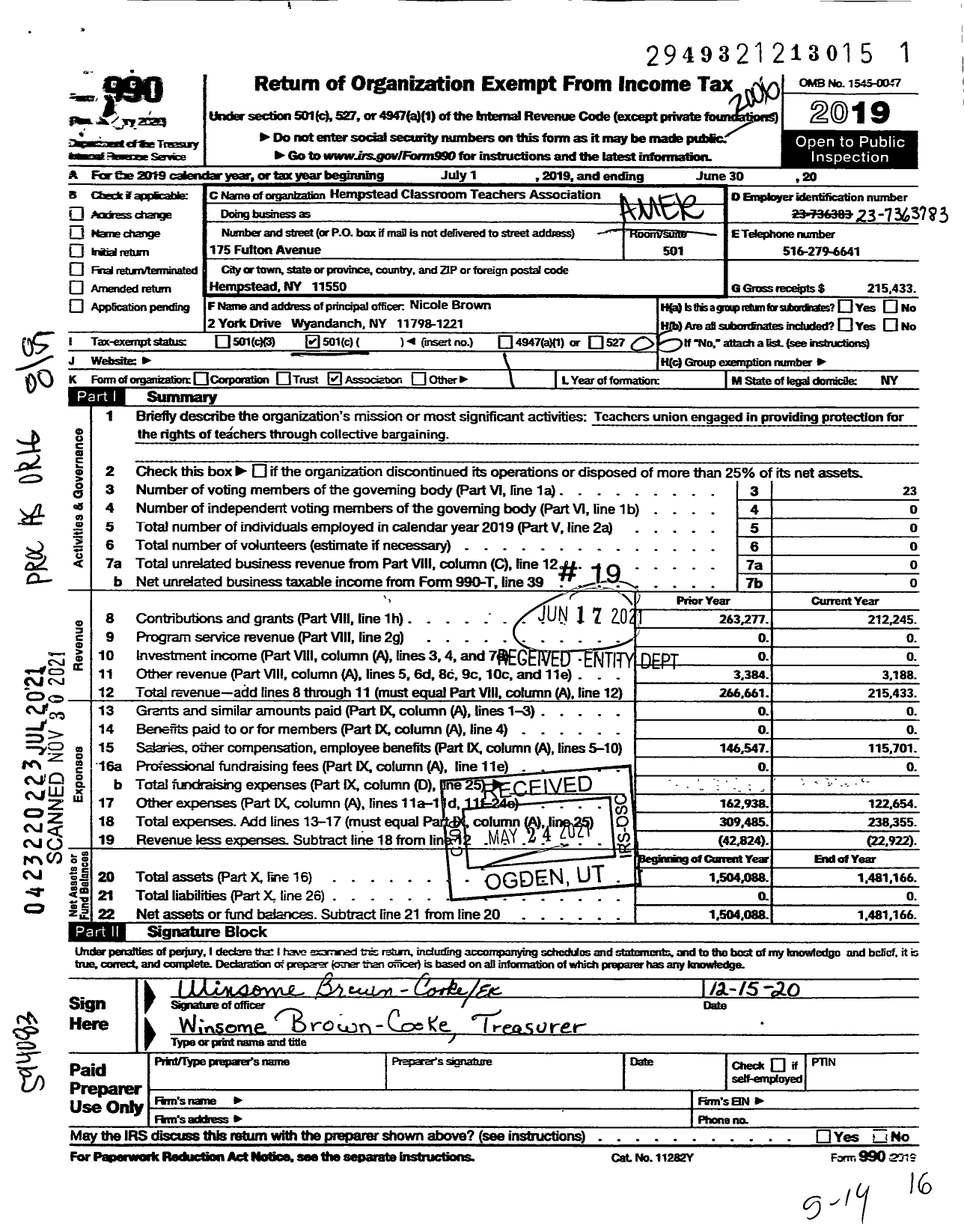 Image of first page of 2019 Form 990O for Hempstead Classroom Teachers Association