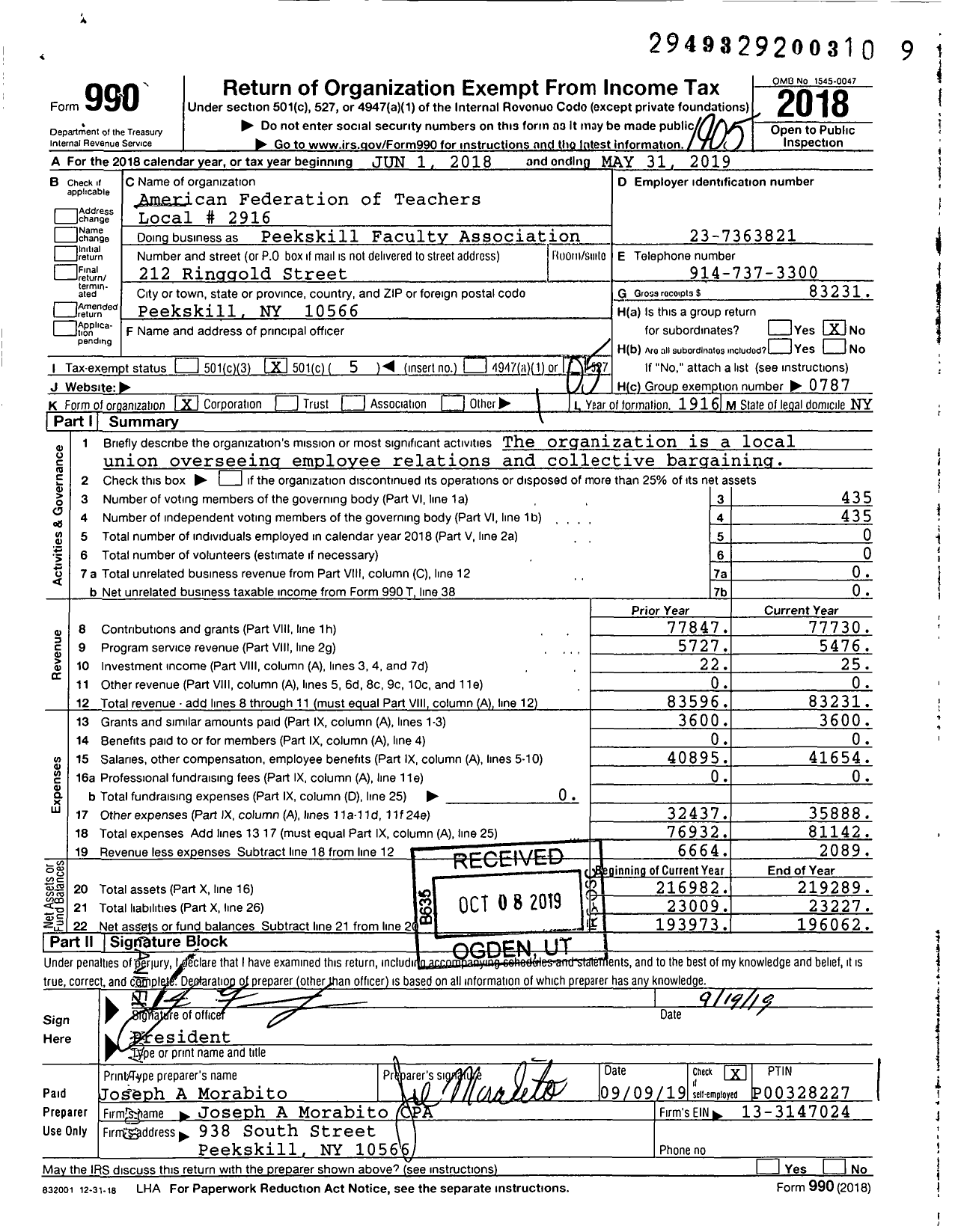 Image of first page of 2018 Form 990O for American Federation of Teachers - Peekskill Faculty Association