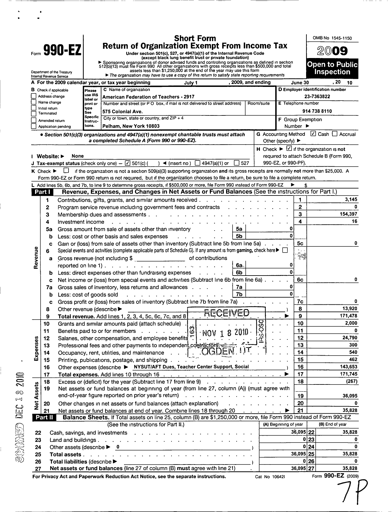 Image of first page of 2009 Form 990EO for American Federation of Teachers - 2917 Pelham Teachers Association