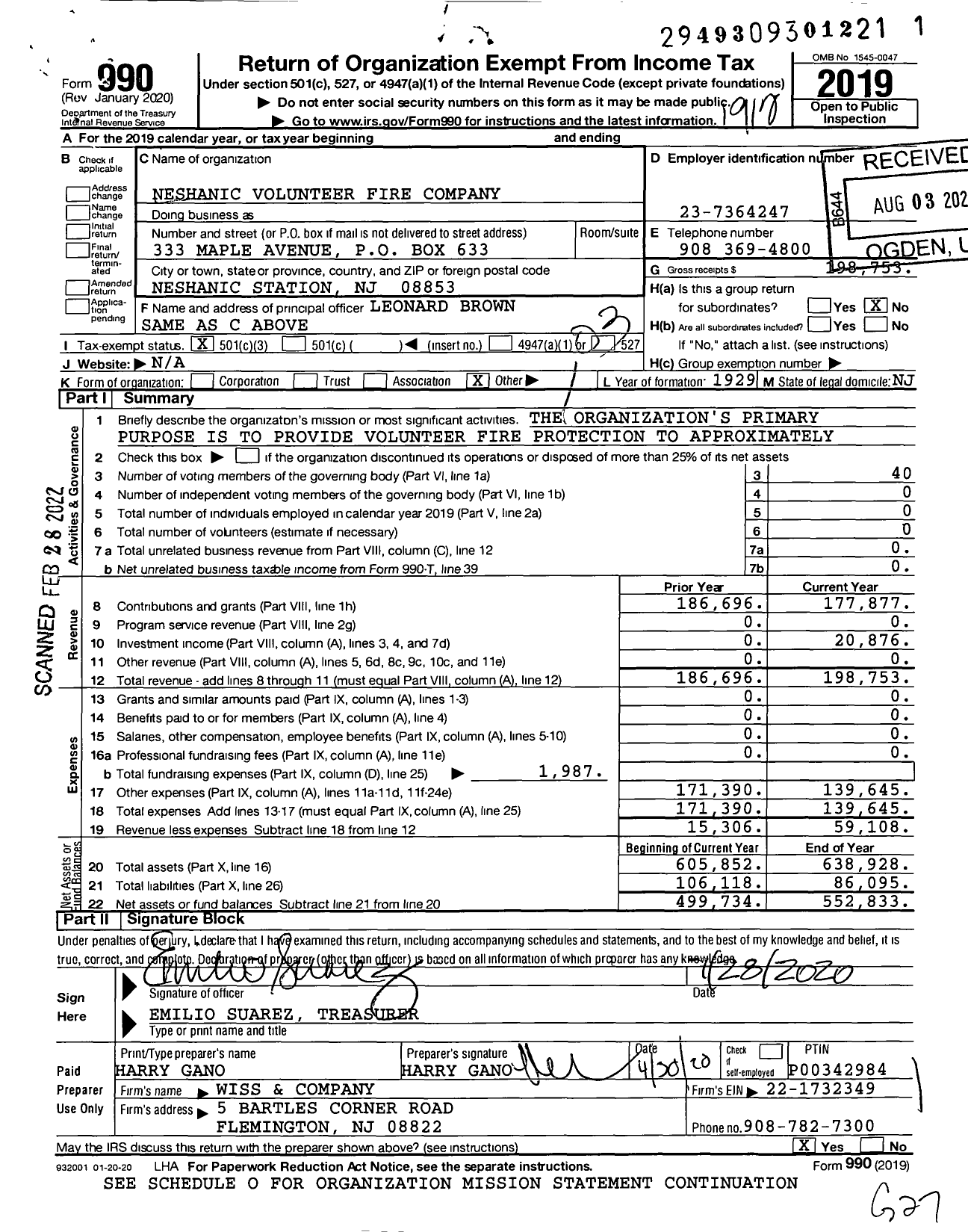 Image of first page of 2019 Form 990 for Neshanic Volunteer Fire Company