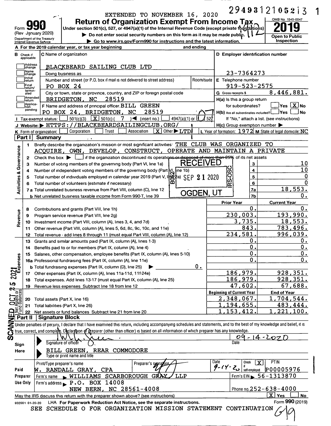 Image of first page of 2019 Form 990O for Blackbeard Sailing Club