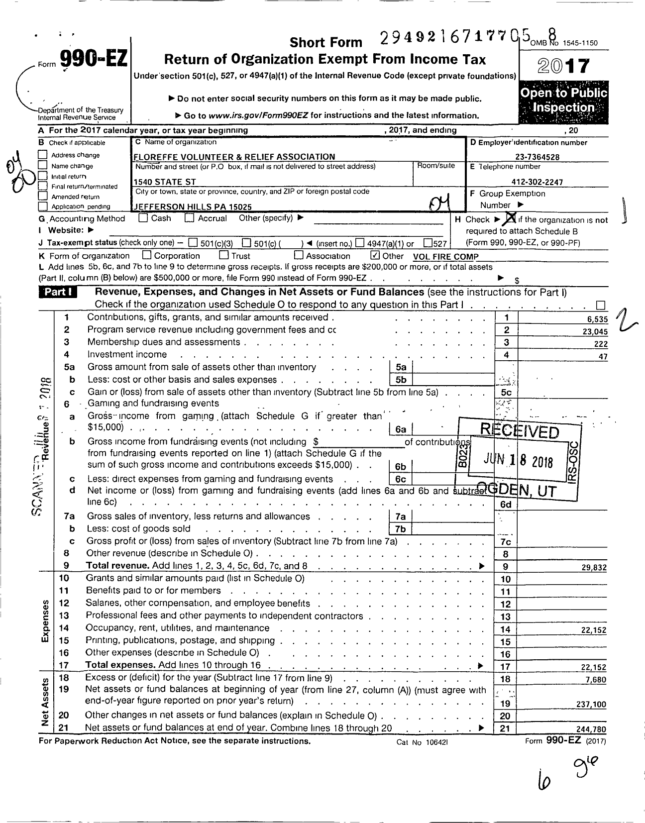 Image of first page of 2017 Form 990EO for Floreffe Volunteer and Relief Association
