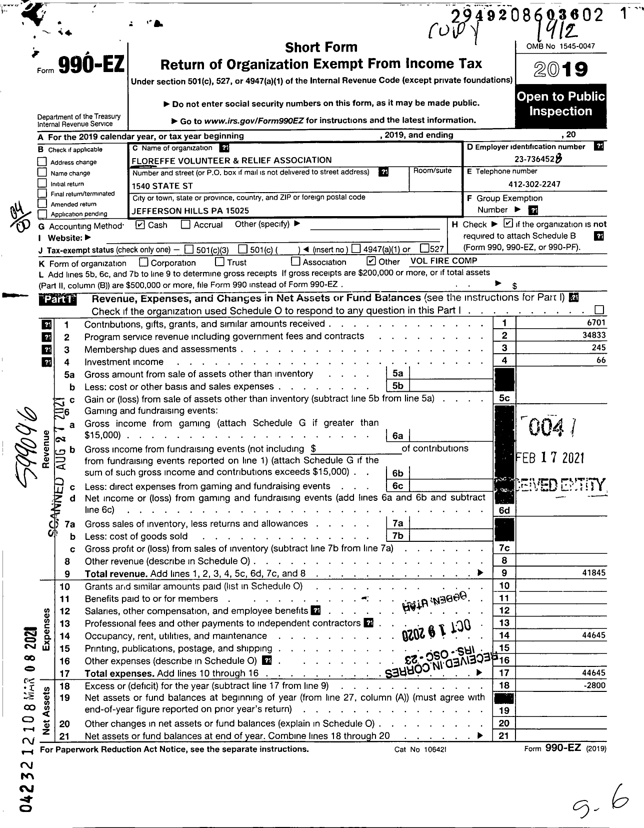 Image of first page of 2019 Form 990EO for Floreffe Volunteer and Relief Association