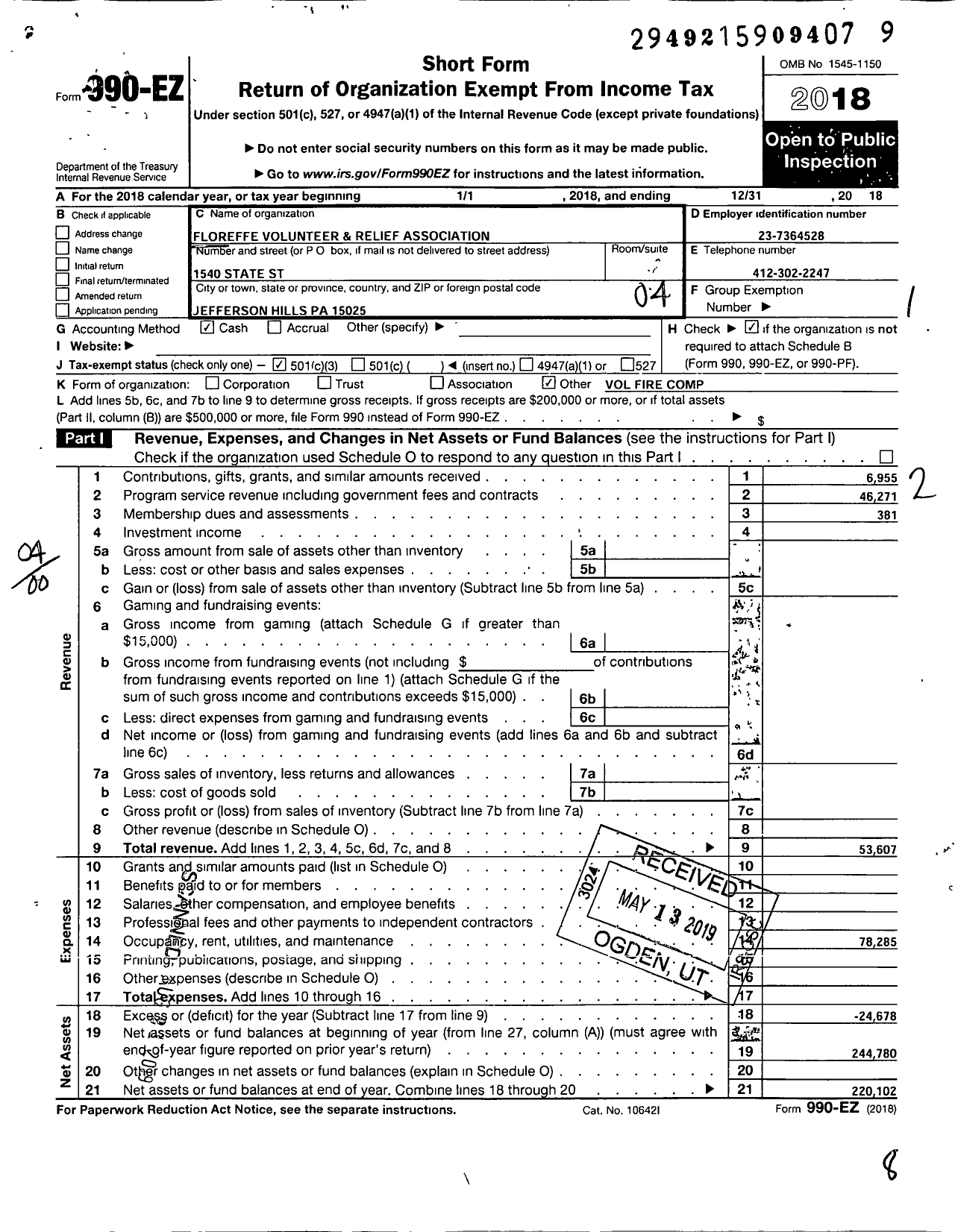 Image of first page of 2018 Form 990EO for Floreffe Volunteer and Relief Association