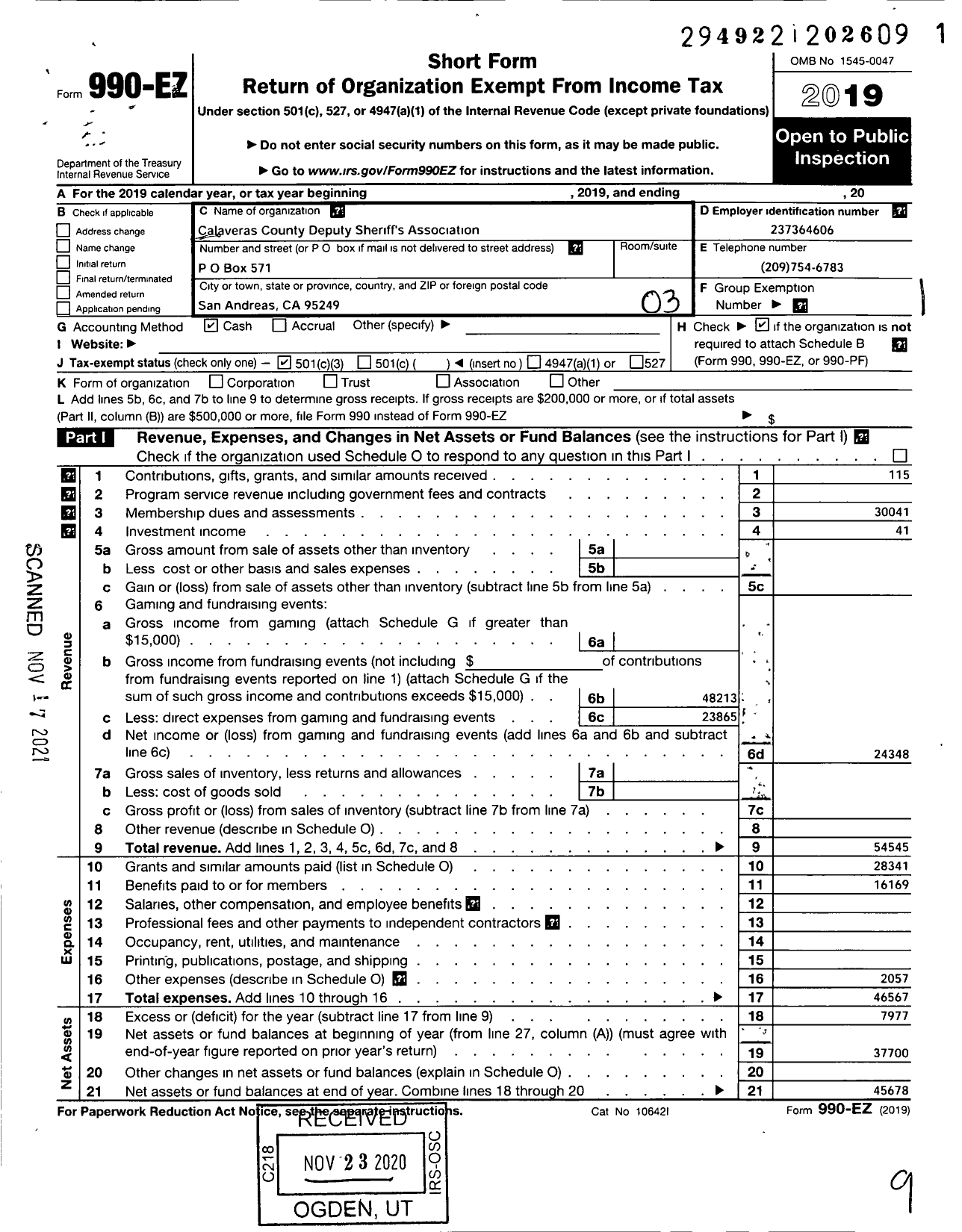 Image of first page of 2019 Form 990EZ for Calaveras County Deputy Sheriffs Association