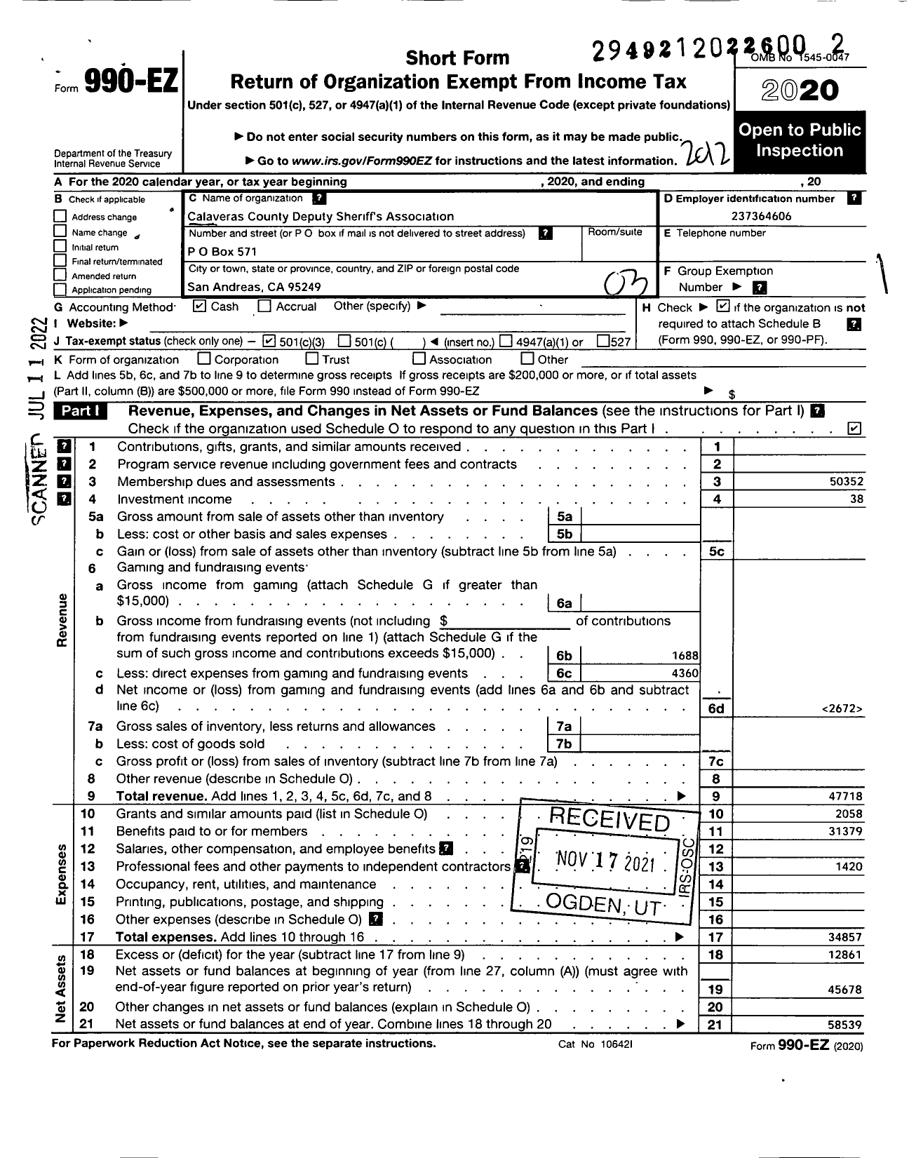 Image of first page of 2020 Form 990EZ for Calaveras County Deputy Sheriffs Association