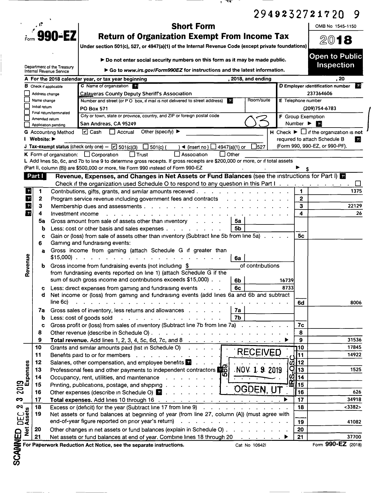 Image of first page of 2018 Form 990EZ for Calaveras County Deputy Sheriffs Association