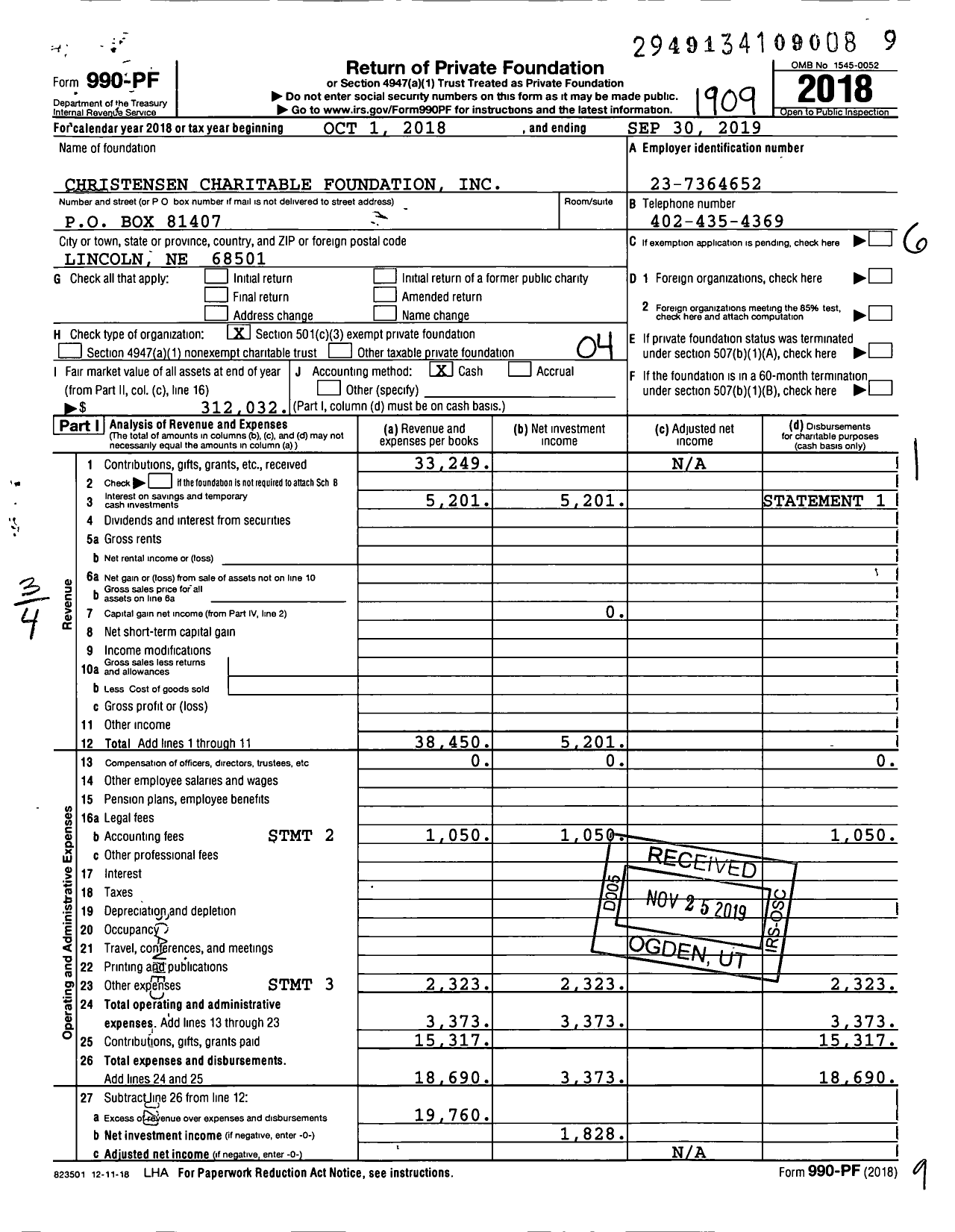 Image of first page of 2018 Form 990PF for Christensen Charitable Foundation