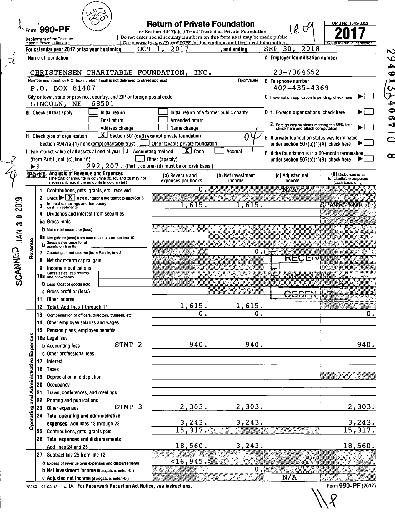 Image of first page of 2017 Form 990PF for Christensen Charitable Foundation