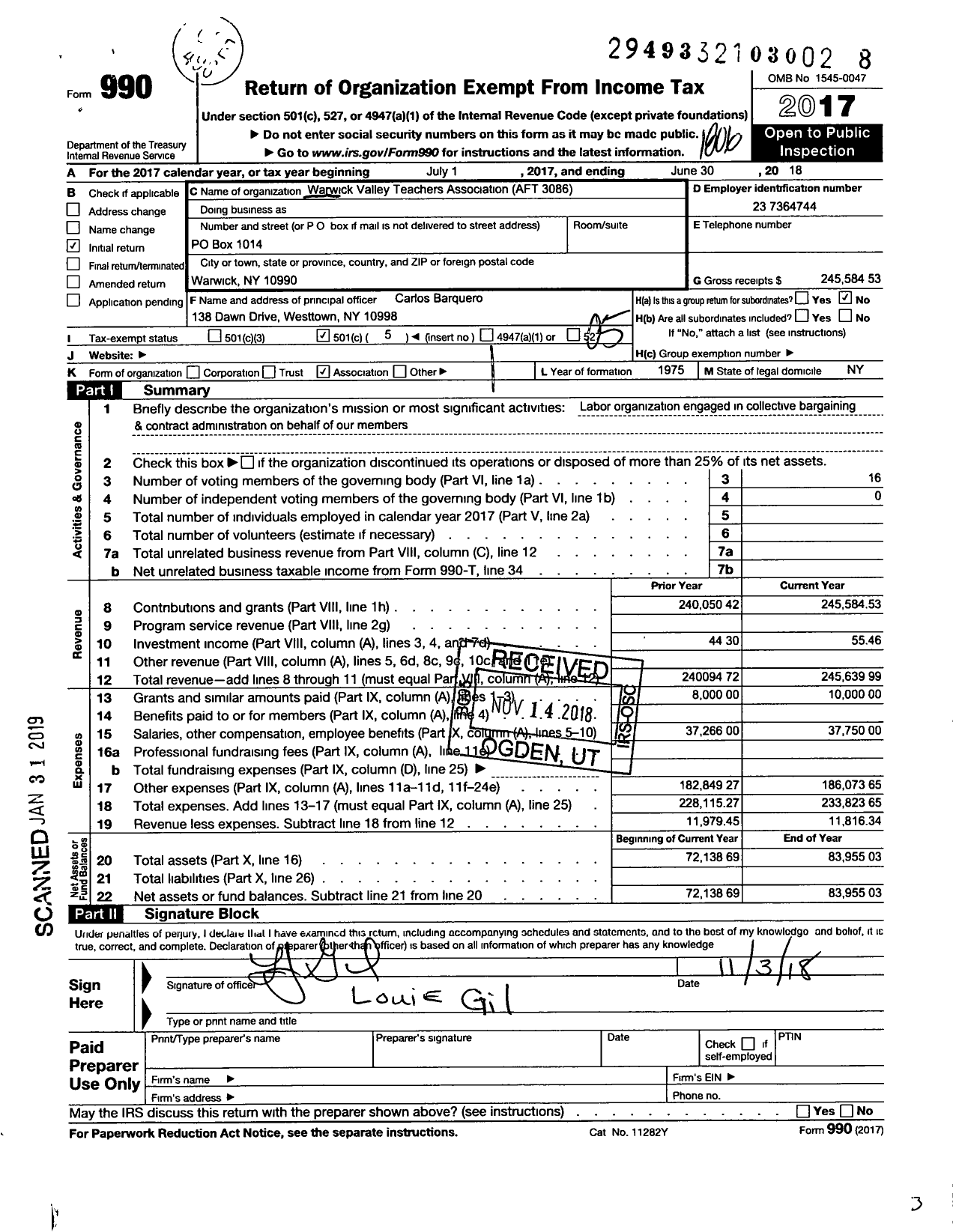 Image of first page of 2017 Form 990O for American Federation of Teachers - 3086 Warwick Valley Teachers Assn