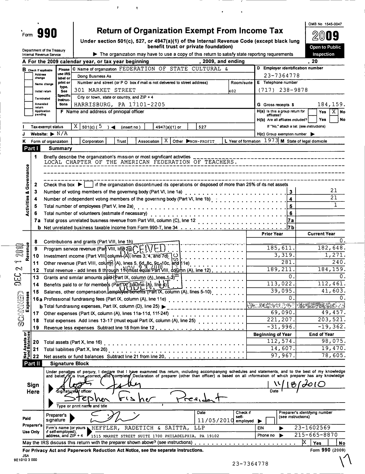 Image of first page of 2009 Form 990O for Federation of State Cultural and Educational Professionals Aft Local 2382